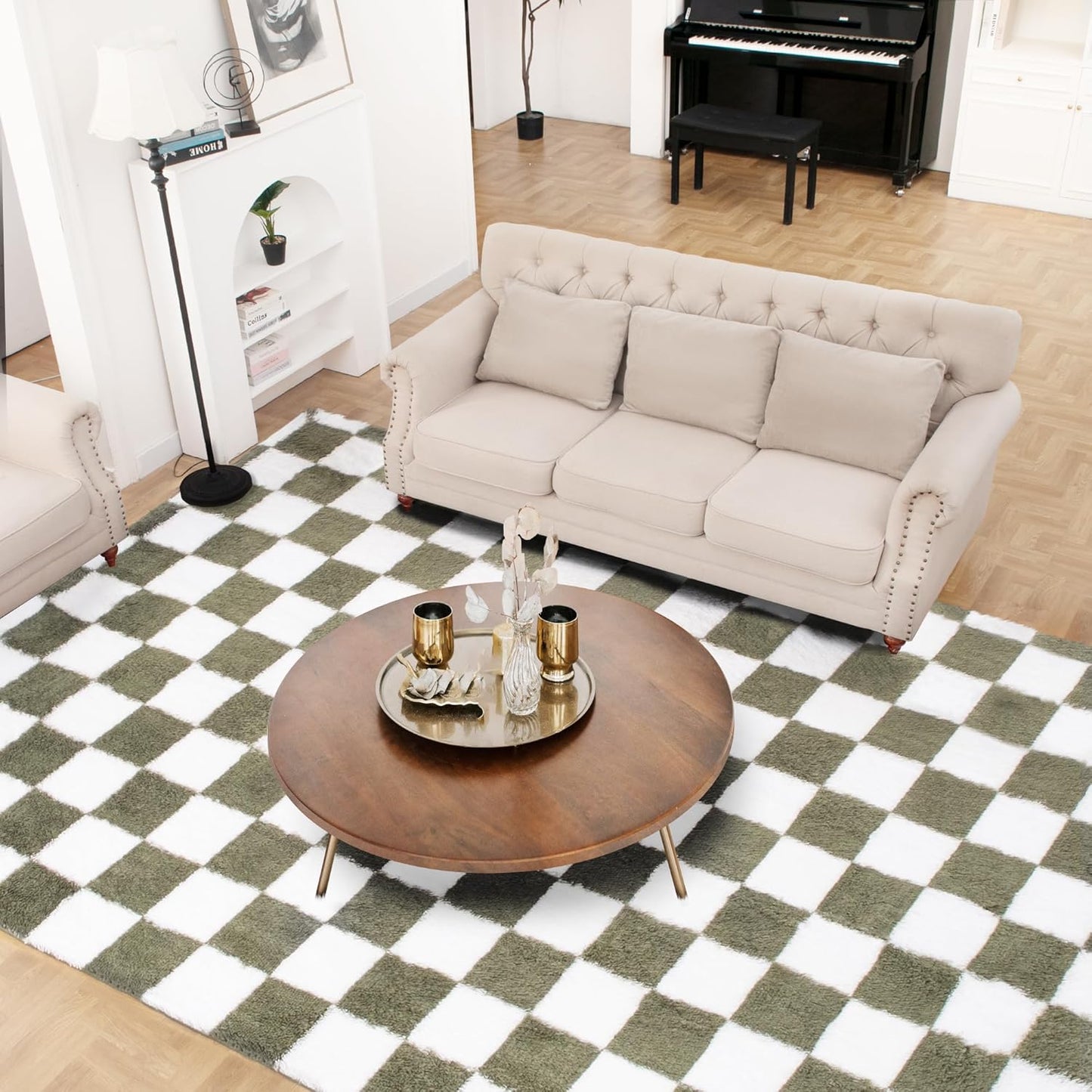 Super Soft Rug for Bedroom, 4x6 Ft Green and White Area Rug Classic Checkered Shaggy Anti-Skid High Pile Soft Fluffy Rug Fuzzy Carpet for Living Room Bedroom Kids Room Nursery, Dorm Home Decor