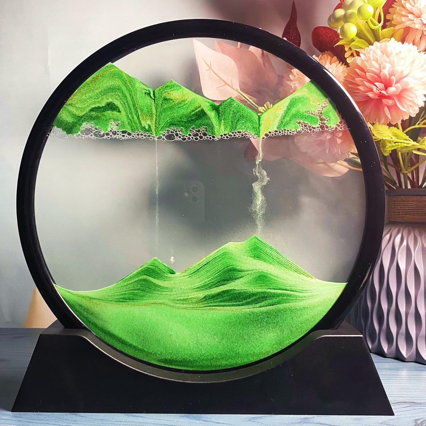 Moving Sand Art Picture in Motion Round Glass 3D Deep Sea Landscape, Dynamic Sand Art Sandscapes, Sensory Relaxing Desktop Table Decor Desk Decor Art Desk (7 inch, Green)