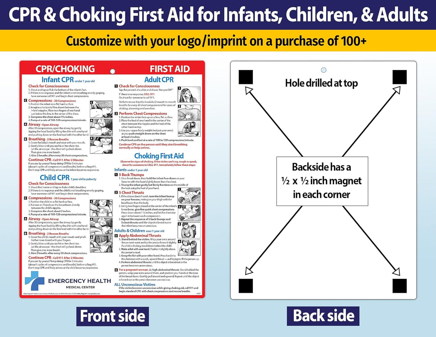 Safety Magnets by ZOCO – 100-Pack Custom CPR & Choking First Aid Magnet – 8.5"x11" Laminated Cards – Personalized with Logo – Branded Safety Handout for Offices, Caregivers & Healthcare