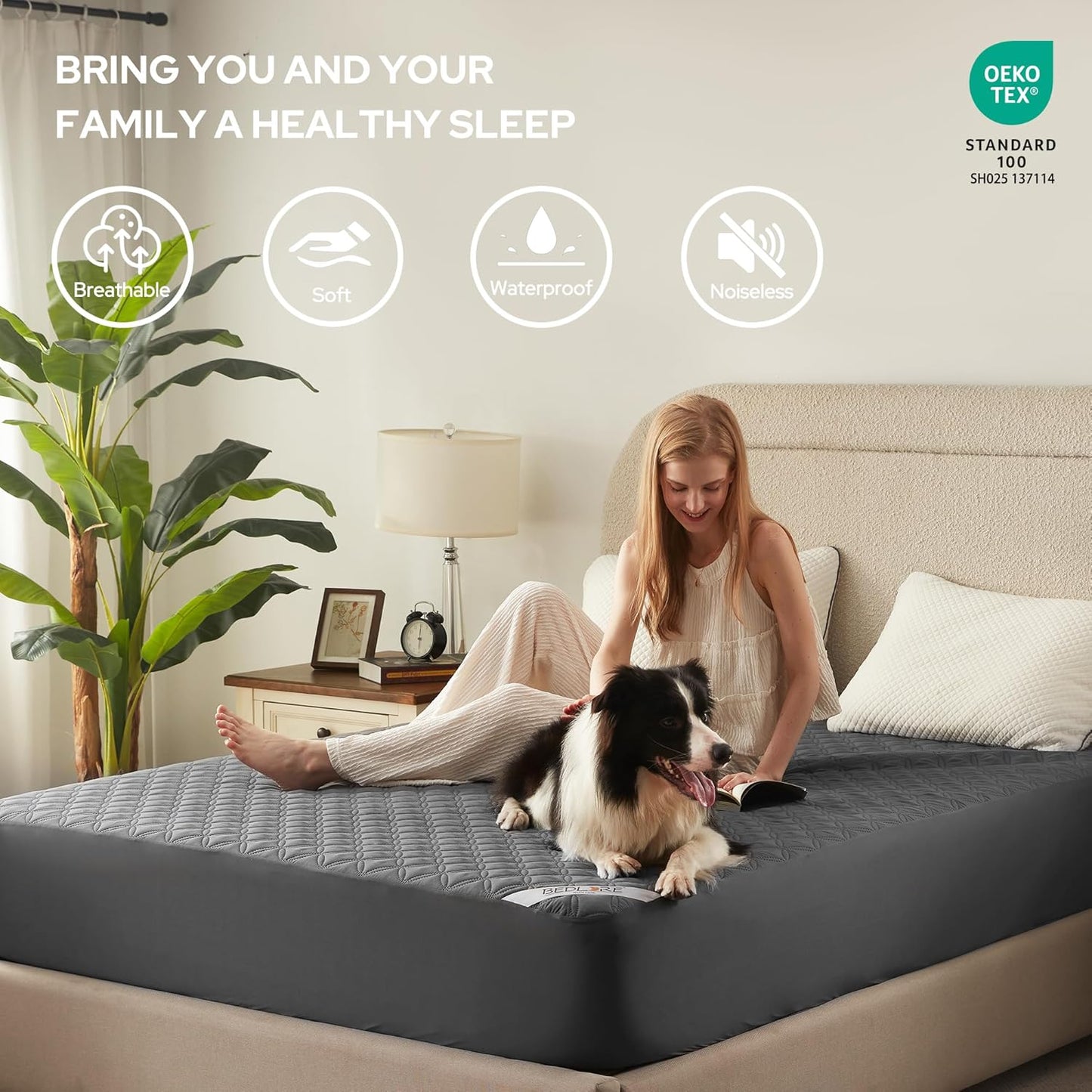 BEDLORE Waterproof Mattress Protector, Noiseless Queen Size Mattress Pad with Deep Pocket Fitted Up to 6"-18", Soft Breathable Dirt-Proof Bed Mattress Cover Washable Bedroom, Hotel (Gray)