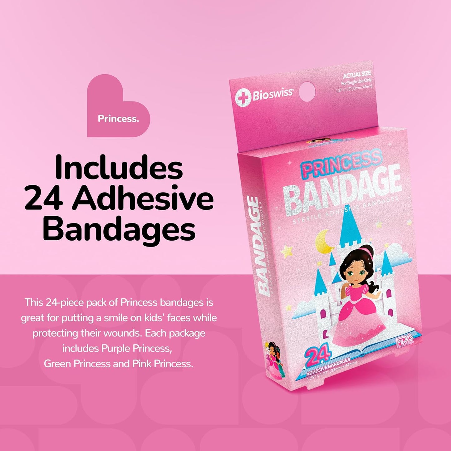 BioSwiss Bandages, Princess Shaped Self Adhesive Bandage, Latex Free Sterile Wound Care, Fun First Aid Kit Supplies for Kids, 24 Count