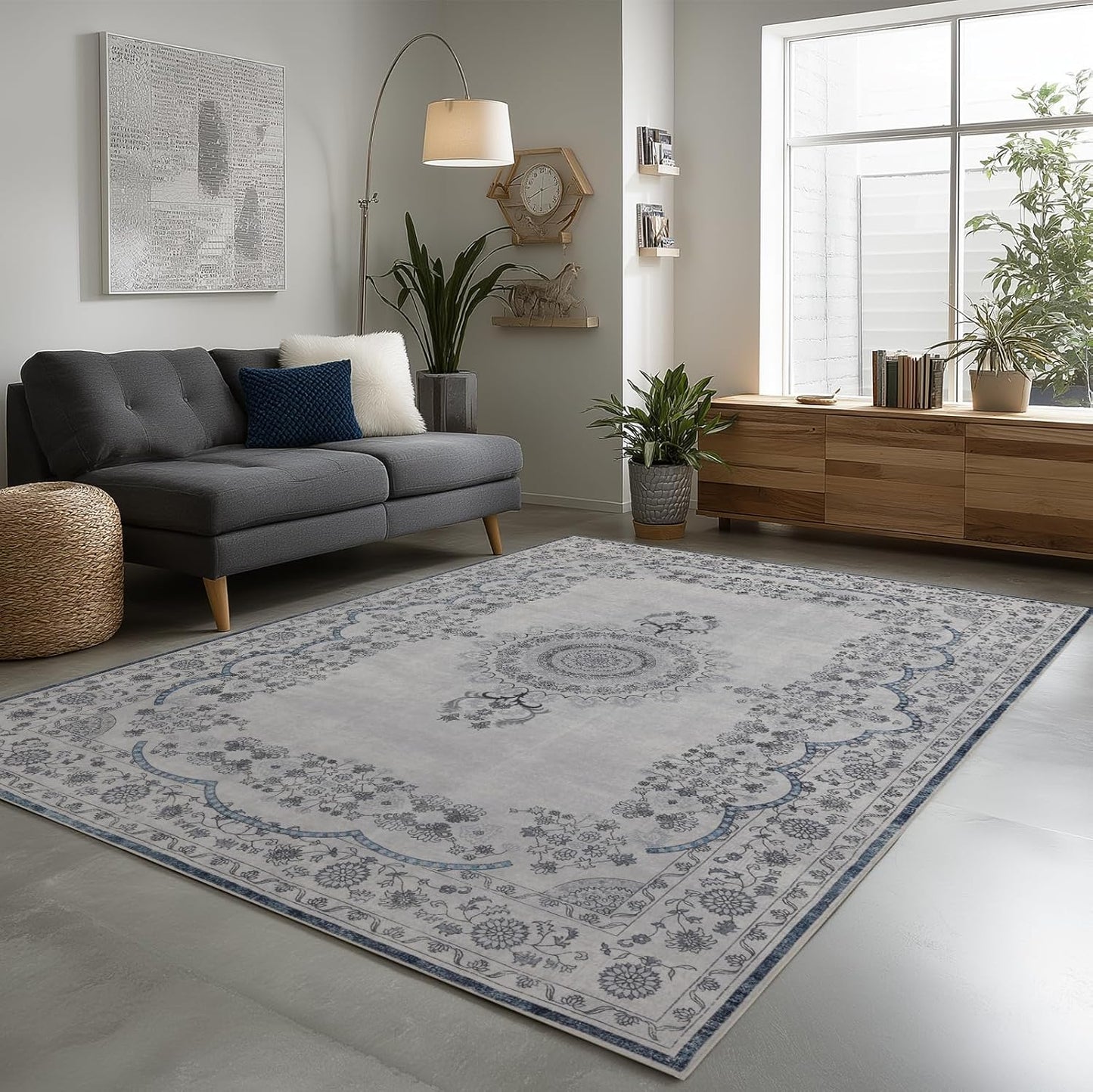 Washable Rugs 5x7 Area Rugs for Living Room, Thin Carpet for Bedroom, Soft Faux Wool Retro Dining Room Rug，Non Slip&Non-Shedding Resistant Low Pile Vintage Print Rug for Home Office (Grey/Blue)