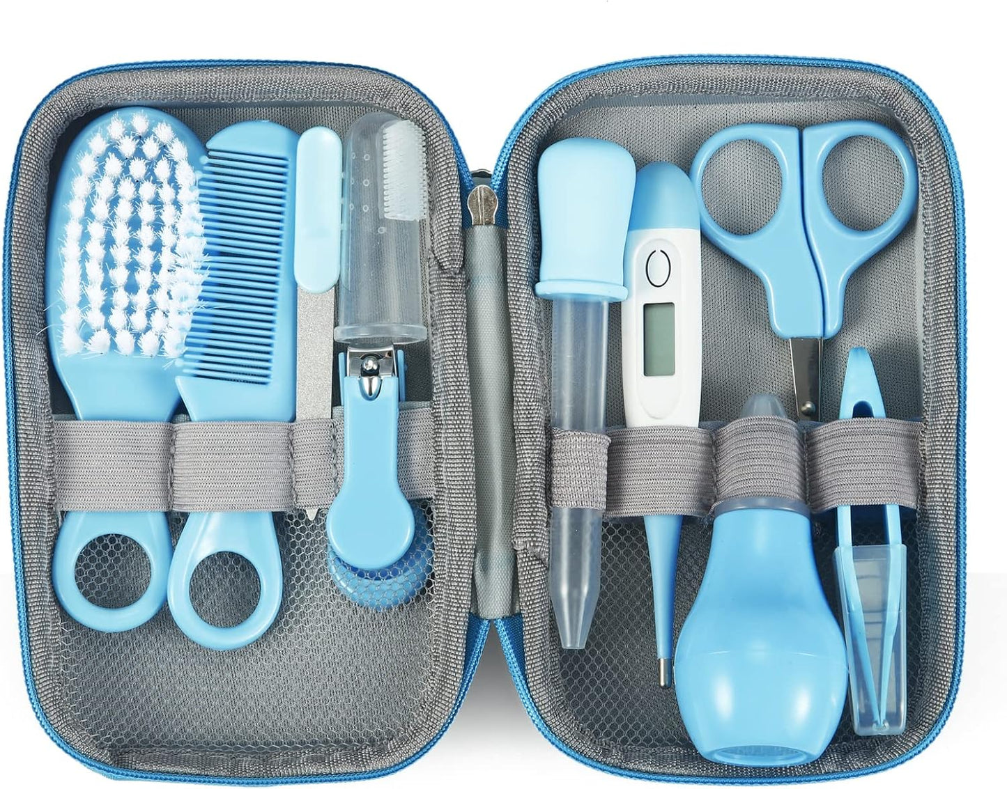 PandaEar Baby Healthcare & Grooming Kit - Baby Safety Set Comb, Brush, Finger Toothbrush, Nail Clippers, Scissors, Nasal Aspirator - Nursery Care Kit (Blue)