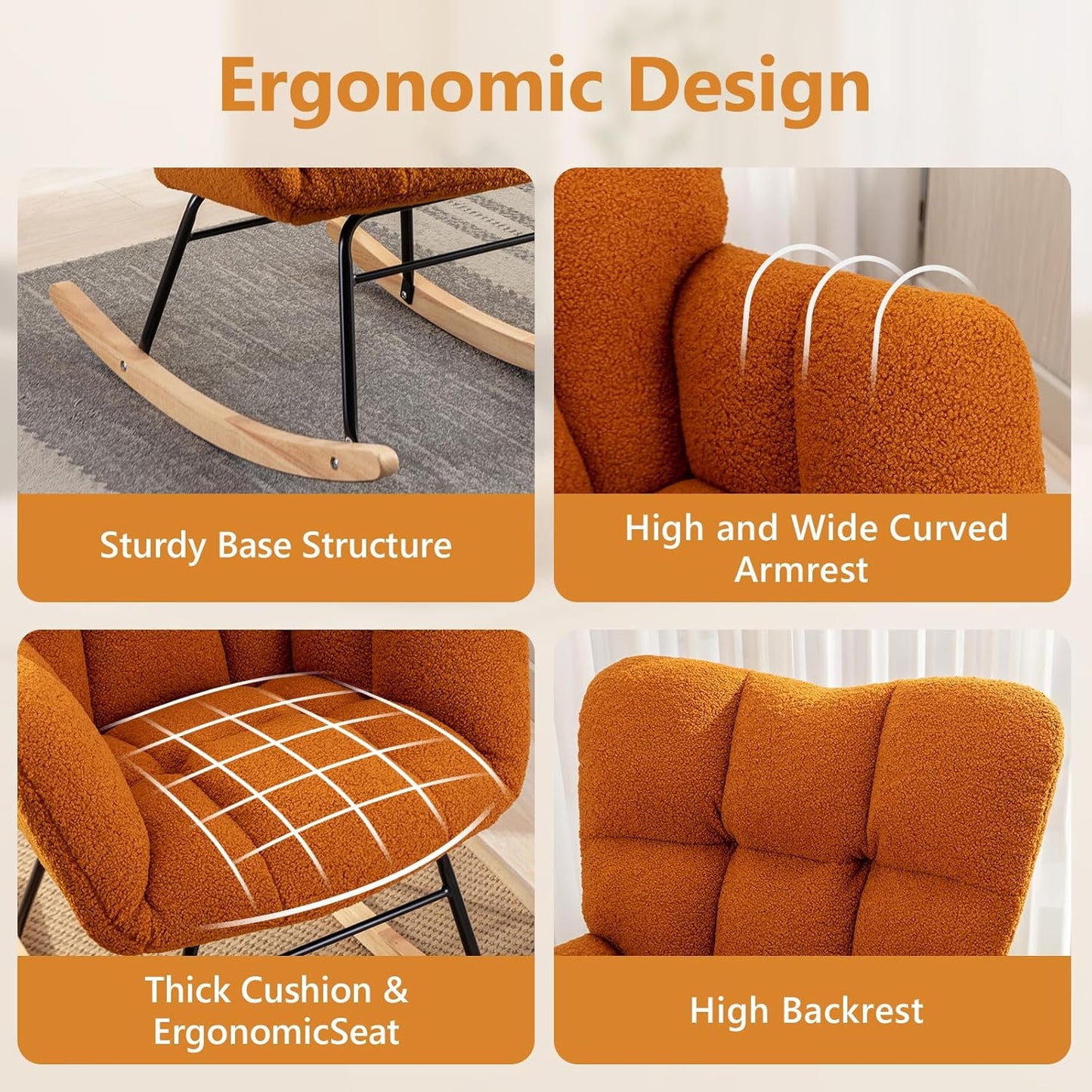 NIOIIKIT Nursery Rocking Chair Teddy Upholstered Glider Rocker Rocking Accent Chair Padded Seat with High Backrest Armchair Comfy Side Chair for Living Room Bedroom Offices (Orange)