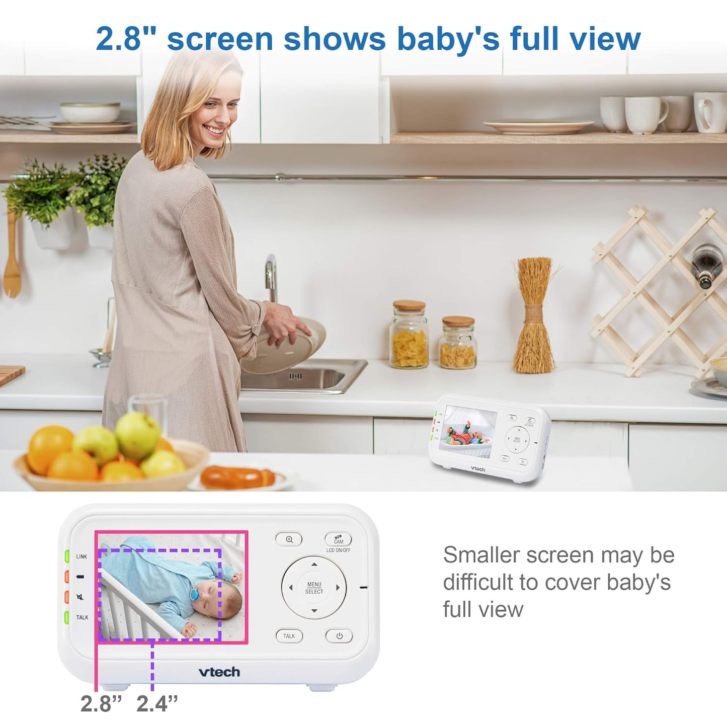VTech Video Baby Monitor with 1000ft Long Range, Auto Night Vision, 2.8” Screen, 2-Way Audio Talk, Temperature Sensor, Power Saving Mode, Lullabies and Wall-mountable Camera with Bracket, White
