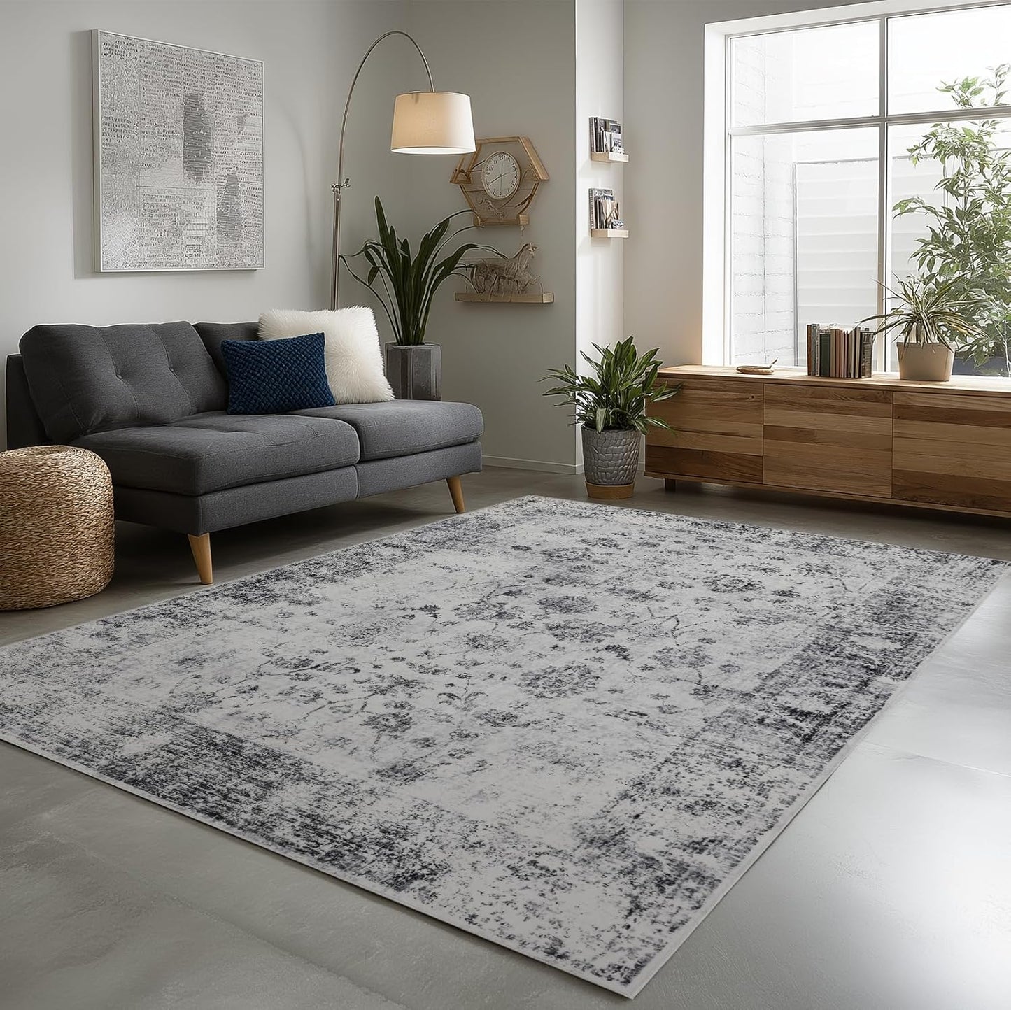 4x6 Washable Area Rug for Living Room, Carpet for Bedroom, Soft Faux Wool Retro Dining Room Rug, Non Slip&Non-Shedding Resistant Low Pile Vintage Print Rug for Home Office (White/Grey)