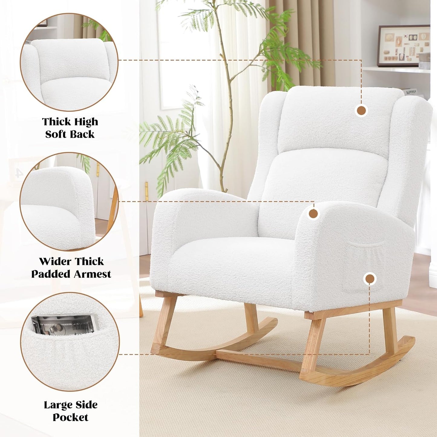 Rocking Chair Nursery, Nursing Rocking Chairs for Mom Nursery, Comfy Wingback Glider Rocking Armchair with Side Pocket for Nursery Living Room Bedroom, Teddy White