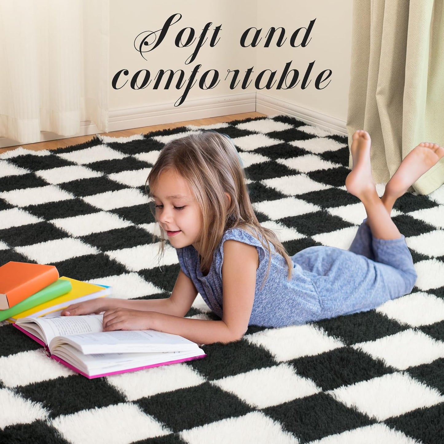 Super Soft Rug for Bedroom, 5x7 Ft Black and White Area Rug Classic Checkered Shaggy Anti-Skid High Pile Soft Fluffy Rug Fuzzy Carpet for Living Room Bedroom Kids Room Nursery, Dorm Home Decor