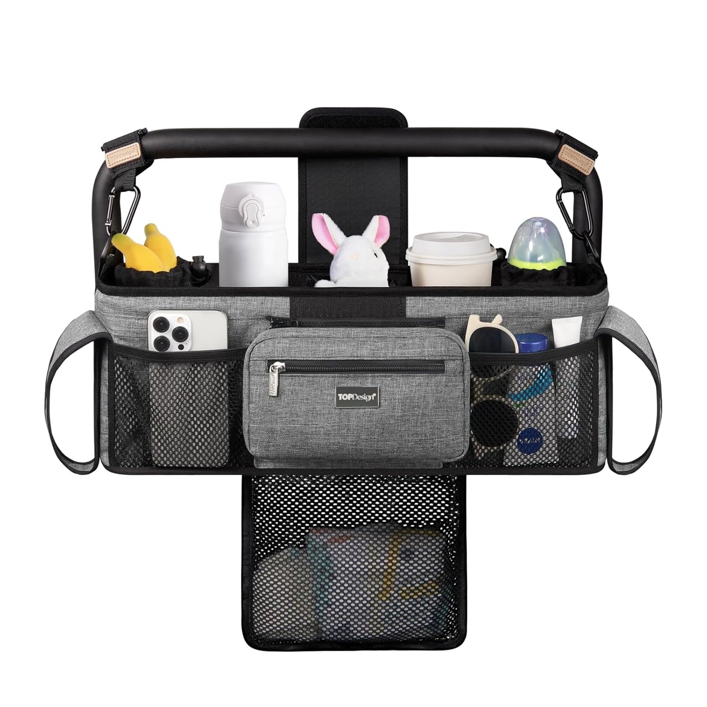 TOPDesign Universal Baby Stroller Organizer, Double Stroller Caddy with Detachable Mesh Bag & Heightened Insulated Cup Holders & Non-Slip Secure Hooks Accessories, Fits Most Strollers (Grey)