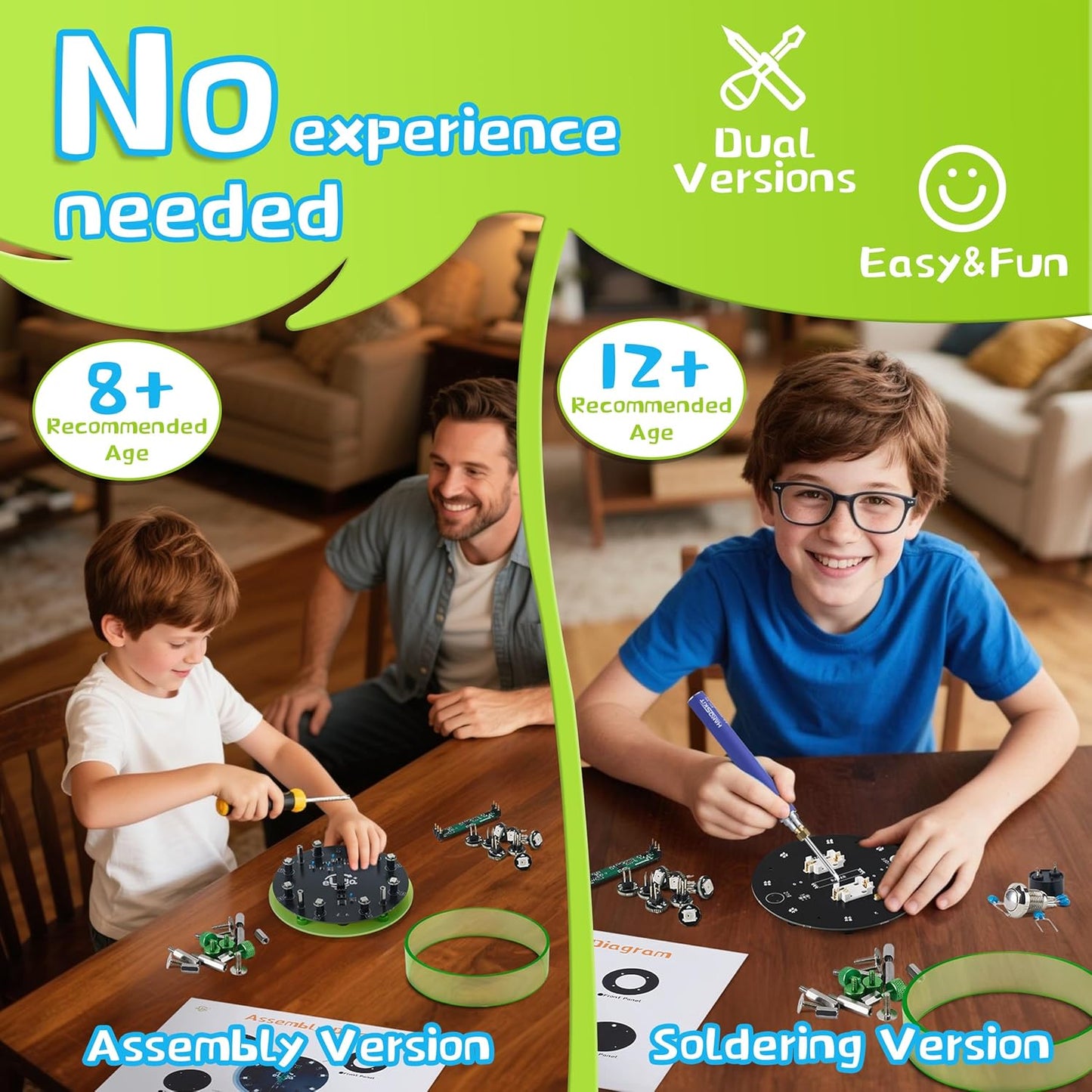 STEM DIY Toys Hand Assembly Electronic Spin The Wheel | Science Craft Kit for Kids Ages 8-9-10-11-12-13-14-15+ Years Old | Educational Gifts for Boys&Girls | Video Guide | (Round-Fluorescent Green)