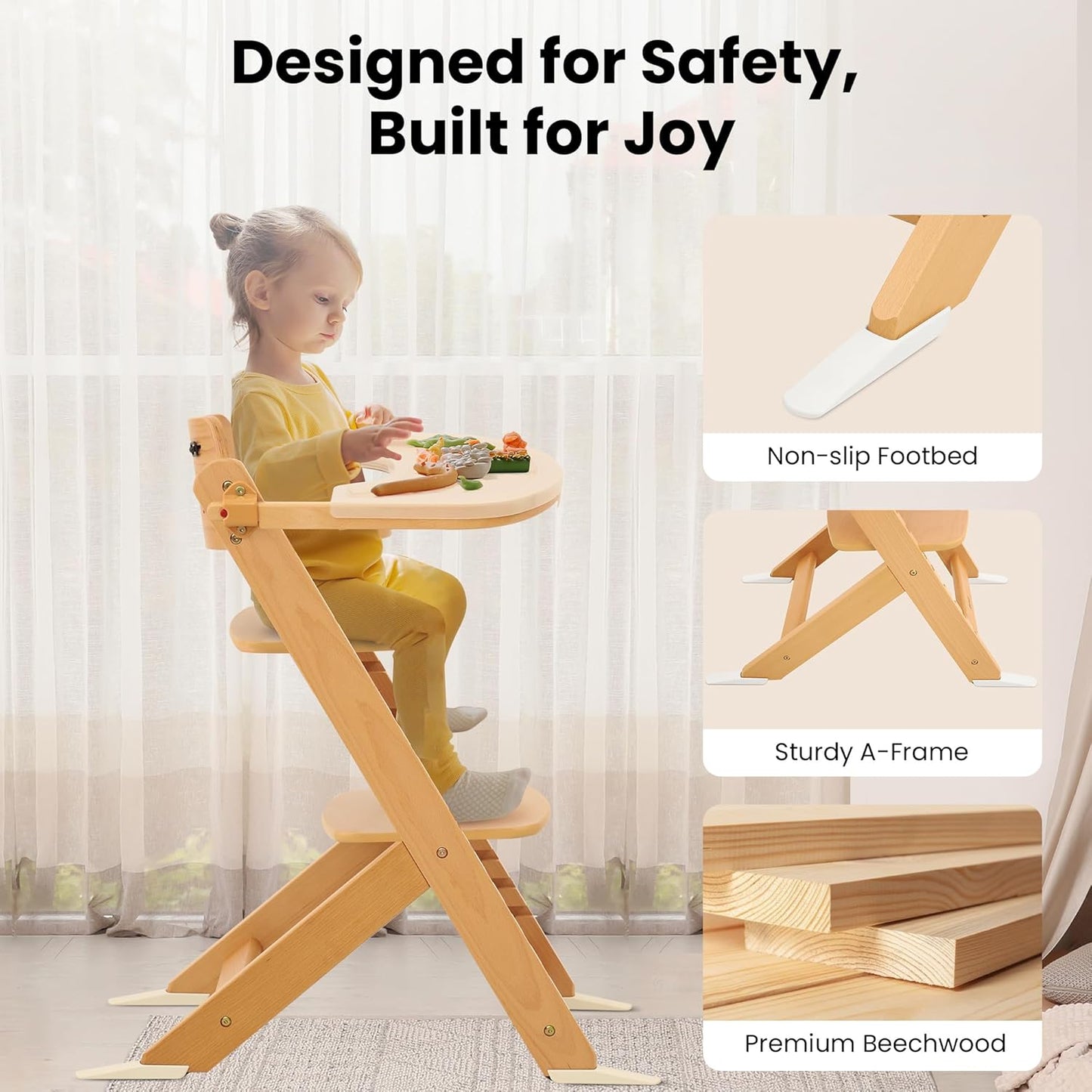 High Chair for Babies and Toddlers, Wooden Highchair with Adjustable Seat & Convertible Footrest Heights, Baby Feeding Chair with Safety Harness & Removable Double Layer Tray