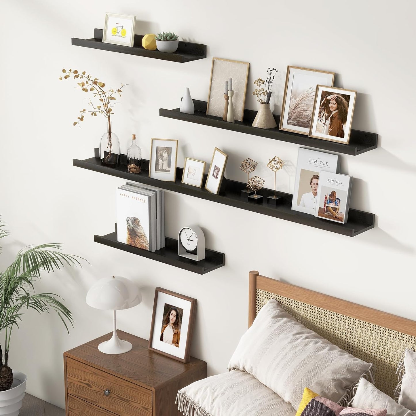 Picture Ledge Wall Shelves - 36 Inch Width Set of 3, Solid Pine Wood Rustic Floating Ledge Shelves for Kids' Room, Bedroom, Kitchen, Bathroom, Living Room, Nursery Display Wall Decor, Black