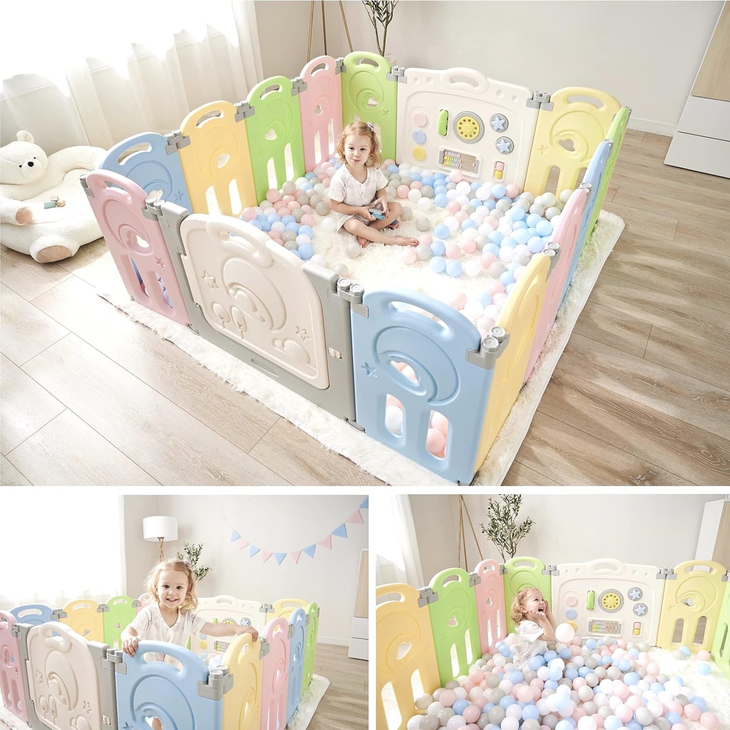 Fortella Cloud Castle Foldable Playpen, Baby Safety Play Yard with Whiteboard and Activity Wall, Indoors or Outdoors (Multicolor 14 Panel)