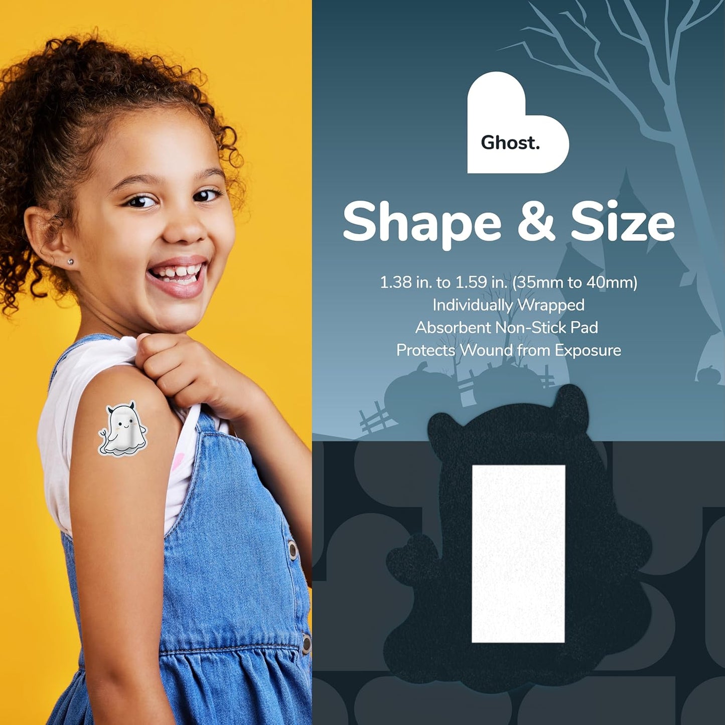 BioSwiss Bandages, Halloween Ghost Shaped Self Adhesive Bandage, Latex Free Sterile Wound Care, Fun First Aid Kit Supplies for Kids, 24 Count