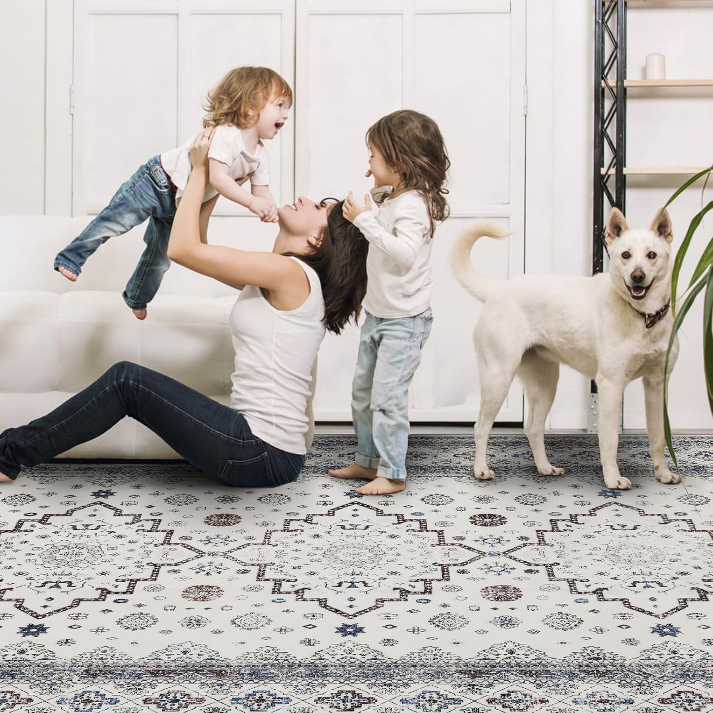 9x12 Area Rug Living Room Rugs, Stain Resistant Washable Rug, Vintage Large Non-Slip Backing, Low Pile Lightweight Print Rug for Bedroom Dinning Room Home Office (White Cream/Gray)