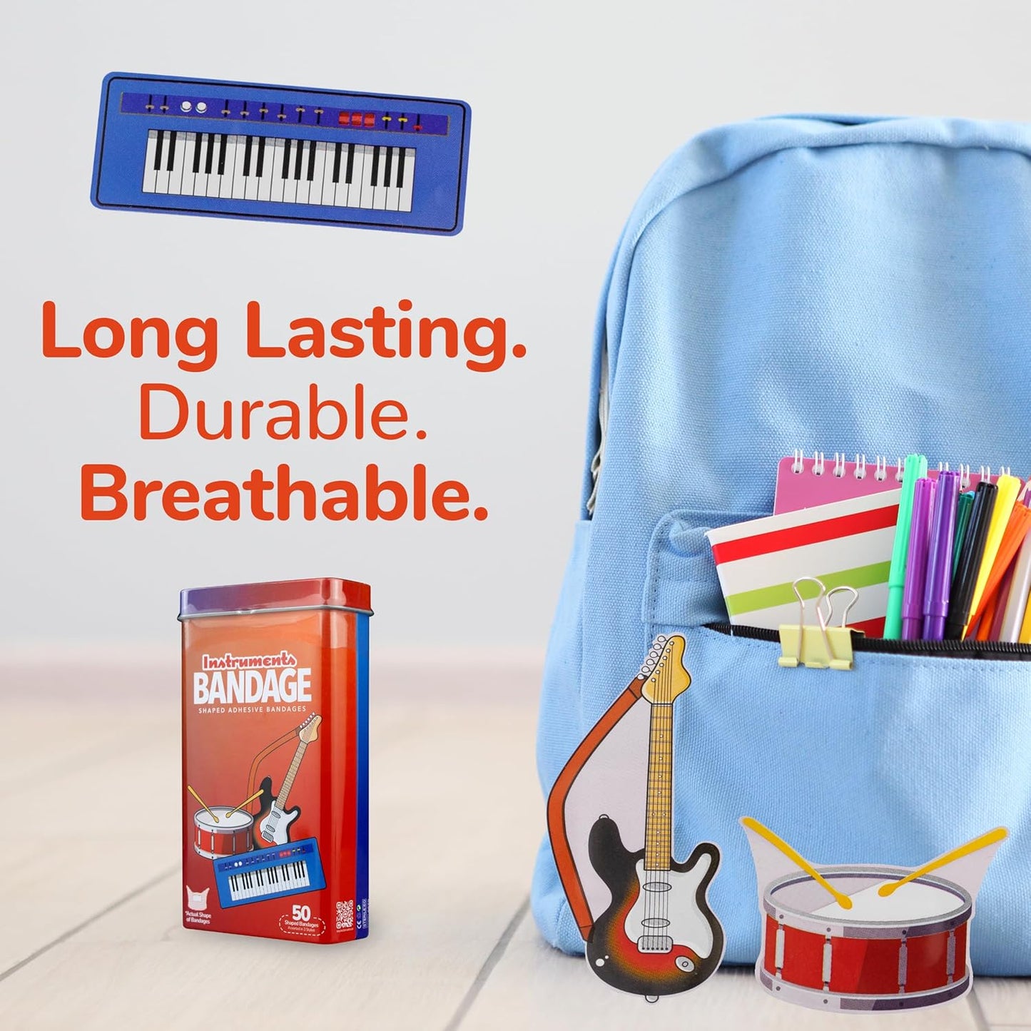 BioSwiss Bandages, Musical Instruments Shaped Self Adhesive Bandage, Latex Free Sterile Wound Care, Fun First Aid Kit Supplies for Kids and Adults, 50 Count