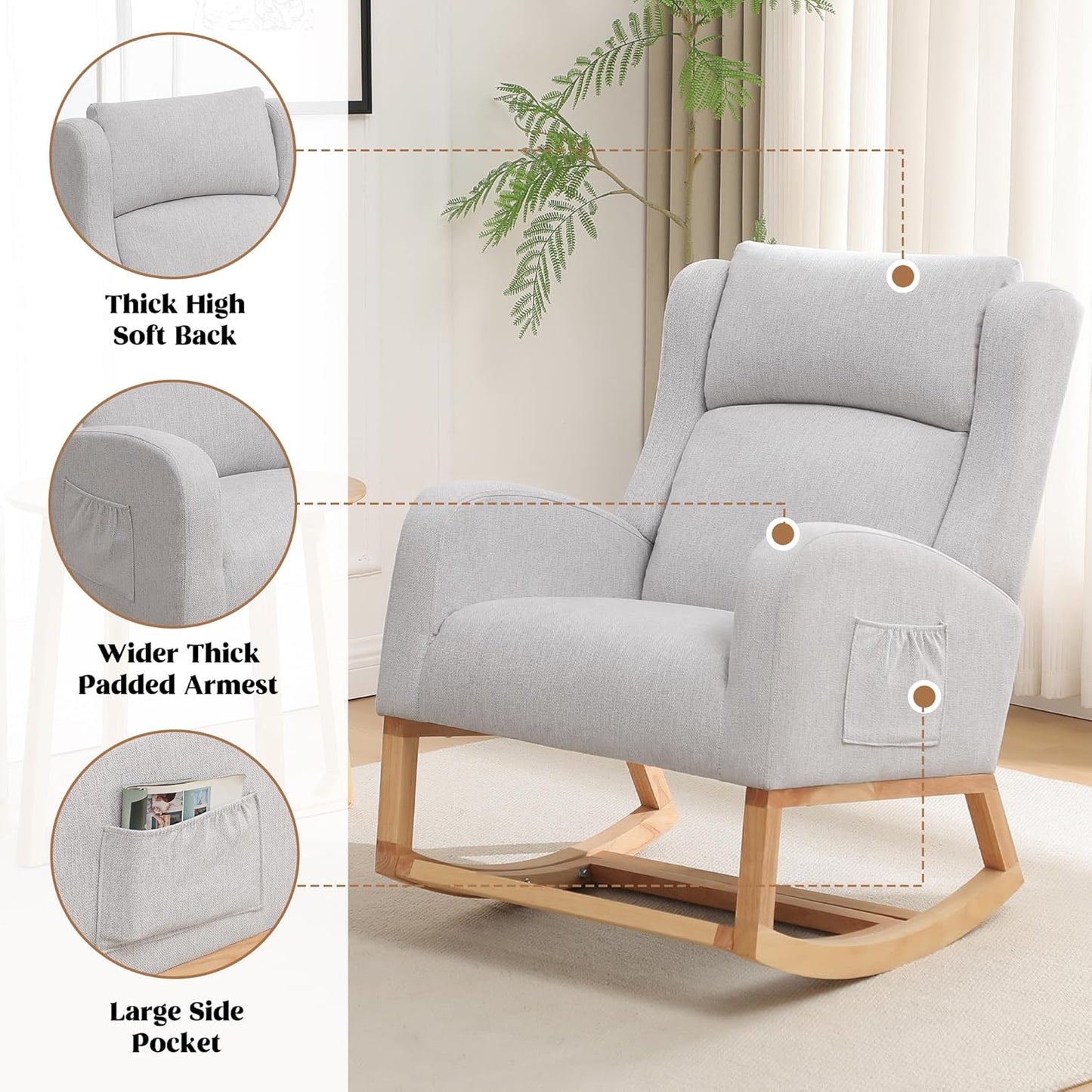 Rocking Chair Nursery, Nursing Rocking Chairs for Mom Nursery, Comfy Wingback Glider Rocking Armchair with Foot Rest and Side Pocket for Nursery Living Room Bedroom, Light Grey
