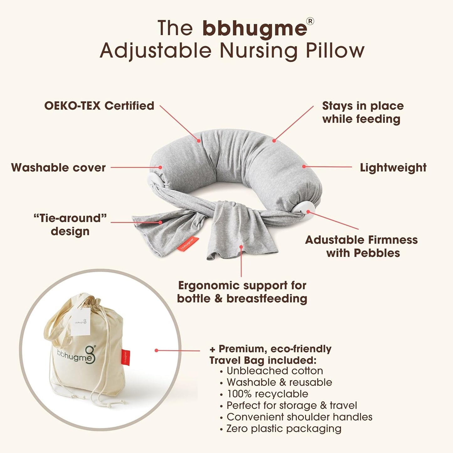 bbhugme Adjustable Nursing Pillow - Breastfeeding, Bottle Feeding, Baby Support - Adjustable Firmness and Fit - Washable Pillow Cover - Grey Melange…