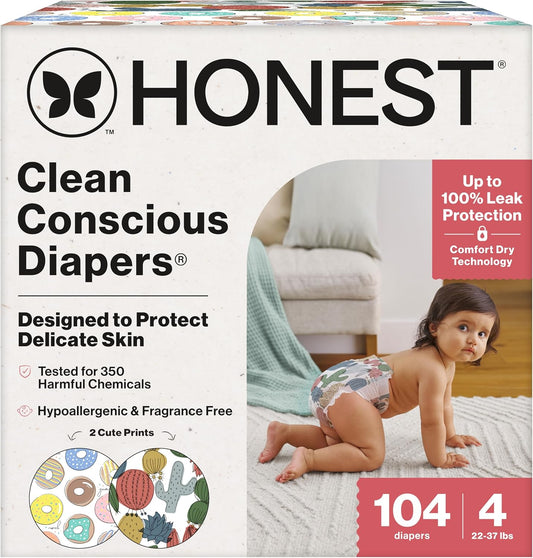 The Honest Company Clean Conscious Diapers for Delicate Skin | Up to 100% Leakproof | Hypoallergenic, Fragrance Free | Gender Neutral | Super Club Box, Size 4 (22-37 lbs), 104 Count (Prints May Vary)
