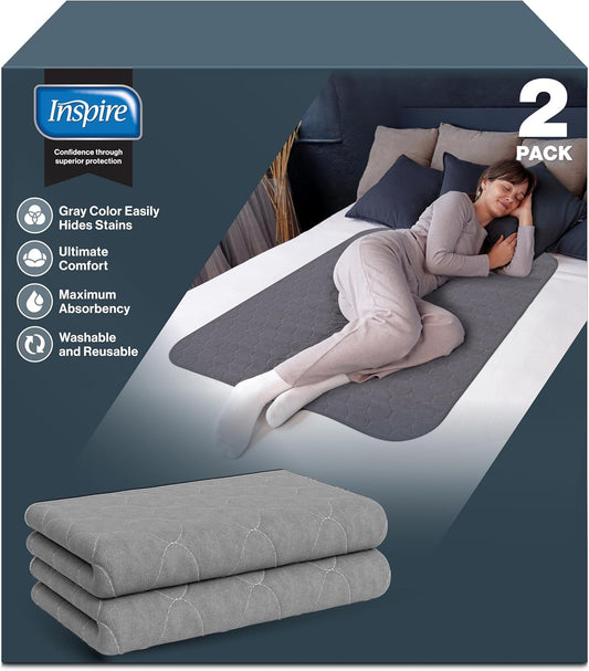 Inspire Underpads | Stain Hiding Gray Reusable Incontinence Bed Pads | Waterproof Mattress Pad | for Adults Babies and Dogs (34 X 36 - 2 Pack)