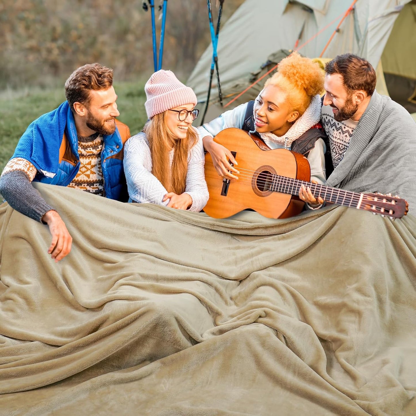 PHF Oversized King Fleece Blanket 120"x120", No Shed No Pilling Big Soft Blanket, Extra Large 10'x 10' Lightweight for Bed, Sofa Travel and Camping, Suitable for All Season, Khaki