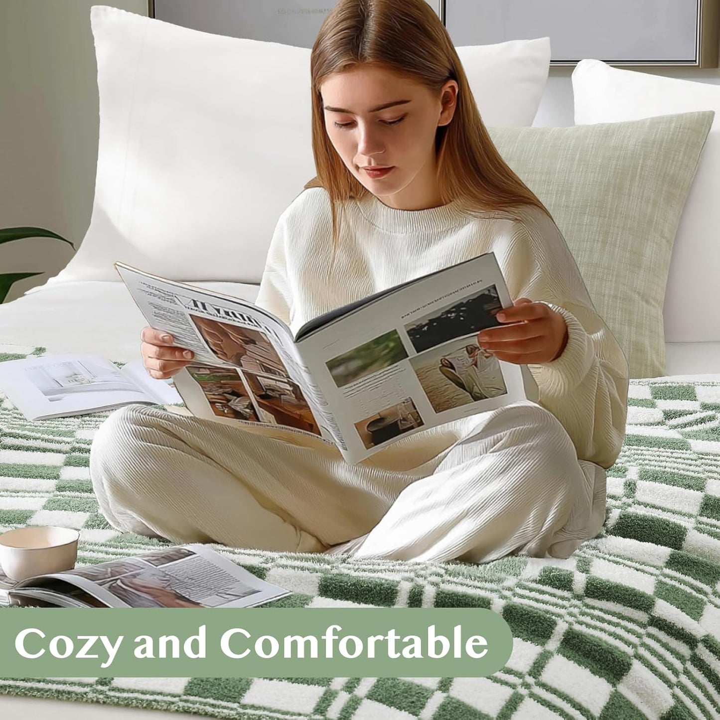 WRENSONGE Checkered Throw Blanket Olive Green Soft Cozy Fluffy Warm Hand Made Weave Throw Blankets for Couch, Sofa, Chair, Bed, Camping, Picnic, Travel Lightweight Bed Blanket - 60"*80"