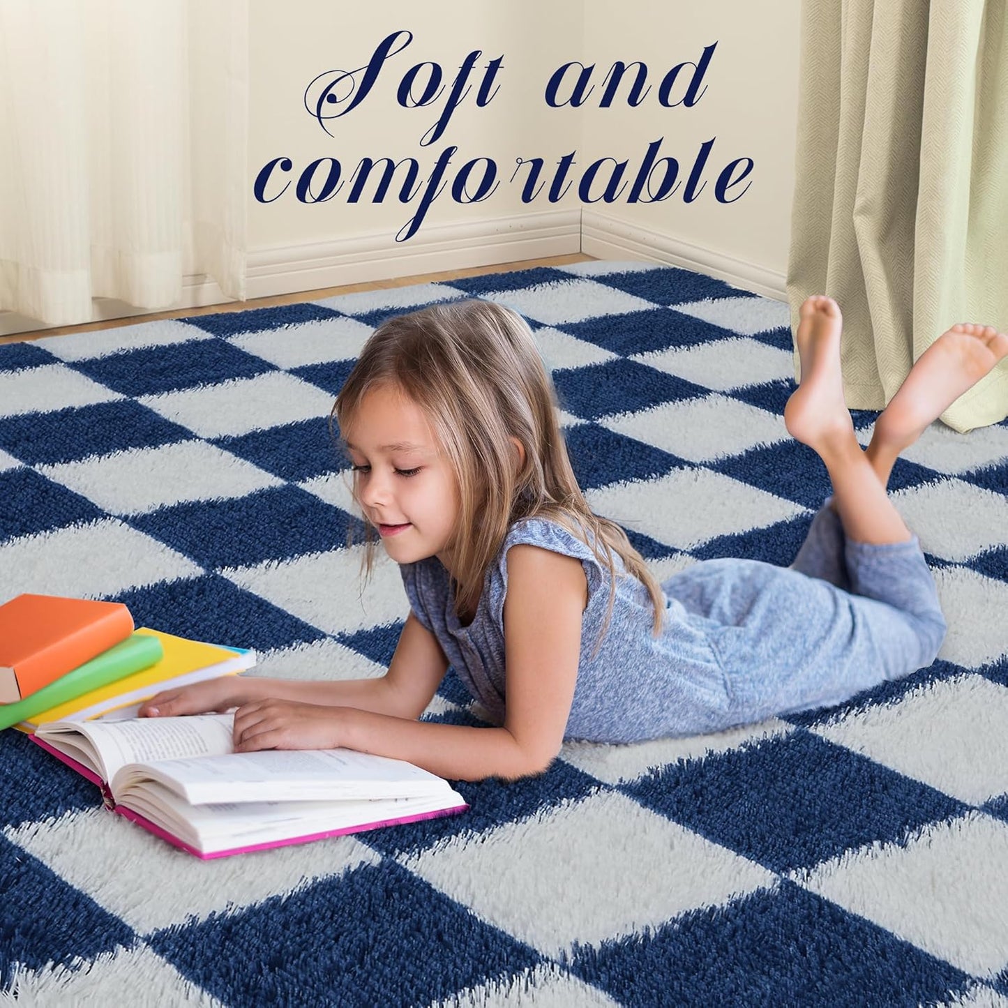 Super Soft Rug for Bedroom, 6x9 ft Blue and White Area Rug Classic Checkered Shaggy Anti-Skid High Pile Soft Fluffy Rug Fuzzy Carpet for Living Room Bedroom Kids Room Nursery, Dorm
