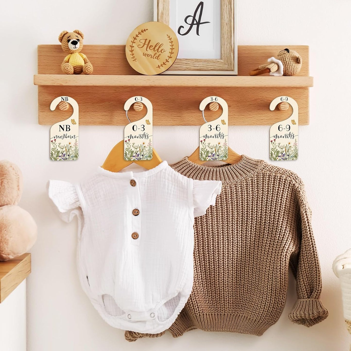 Whaline 8Pcs Wildflower Baby Closet Size Dividers Vintage Floral Leaves Hanging Wood Baby Closet Organizer Newborn to 24 Months Thicken Baby Wardrobe Organizer for Home Nursery