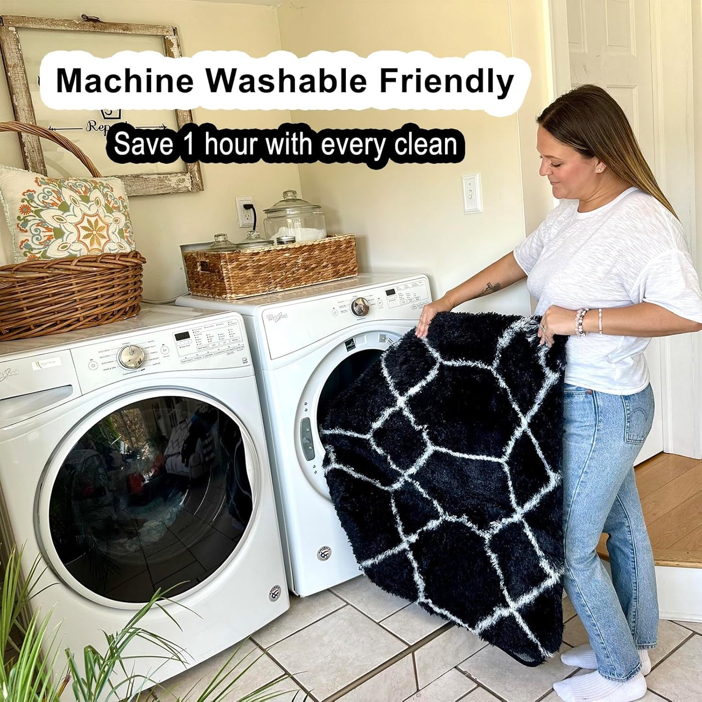 ONASAR Area Rugs for Living Room Bedroom, 5x8 Washable Fluffy Black and White Rug, Geometric Boho Soft Plush Shaggy Fuzzy Floor Carpet for Nursery Kids Girls Boys Teen Dorm Home Decor Aesthetic