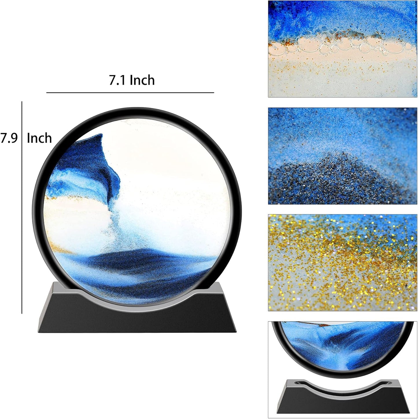 Liquid Motion Sandscape Round Moving Sand Art Sensory Toy Anxiety Fidget ADHD Relaxation Toy Home Office Desktop Decoration (Blue, 7-in)