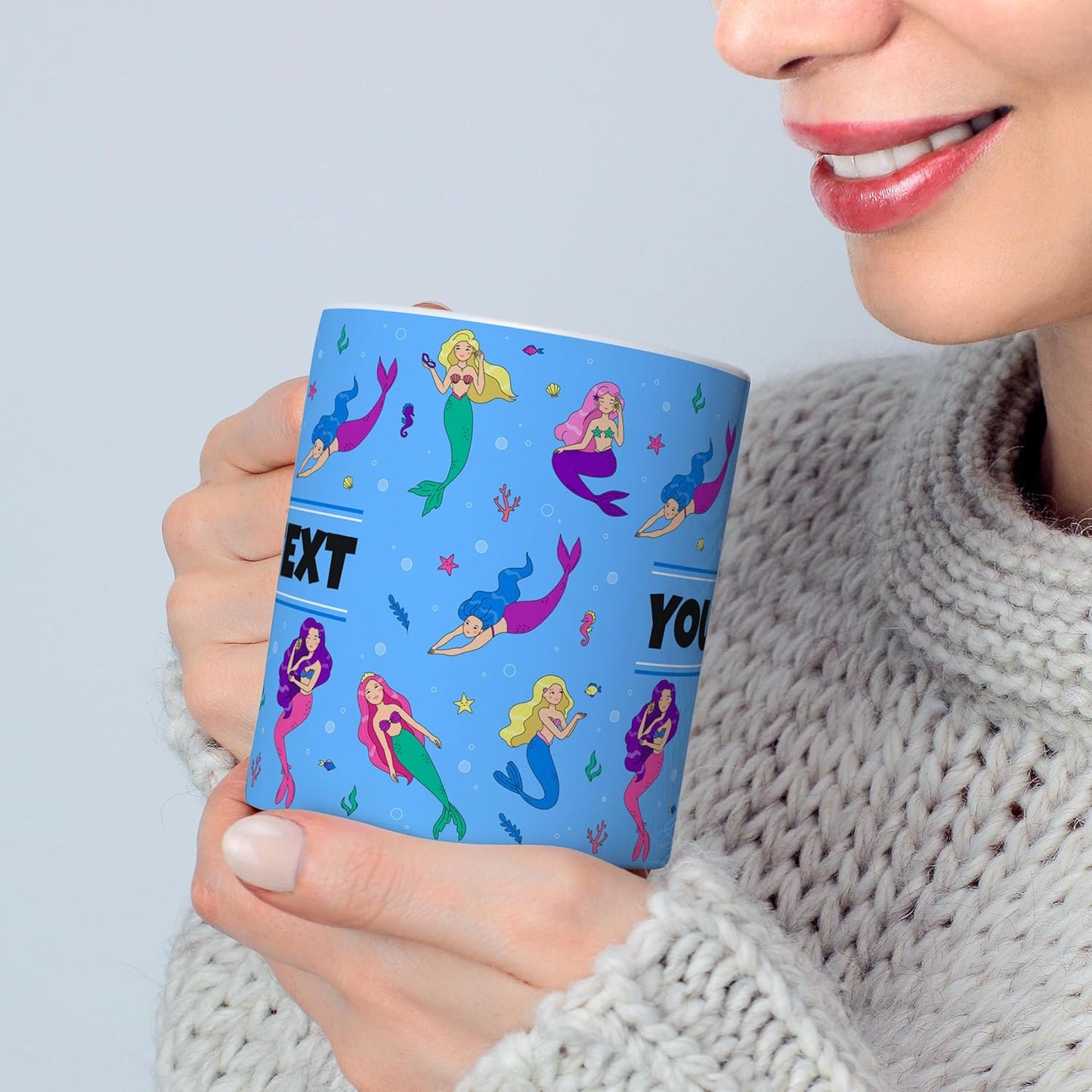 Personalized Mug for Kids - Mermaids - Custom Name/Text, Ceramic Hot Chocolate/Cocoa/Coffee Cup for Girls, Birthday/Christmas/Holiday Gift - 15 oz, Navy Blue Handle