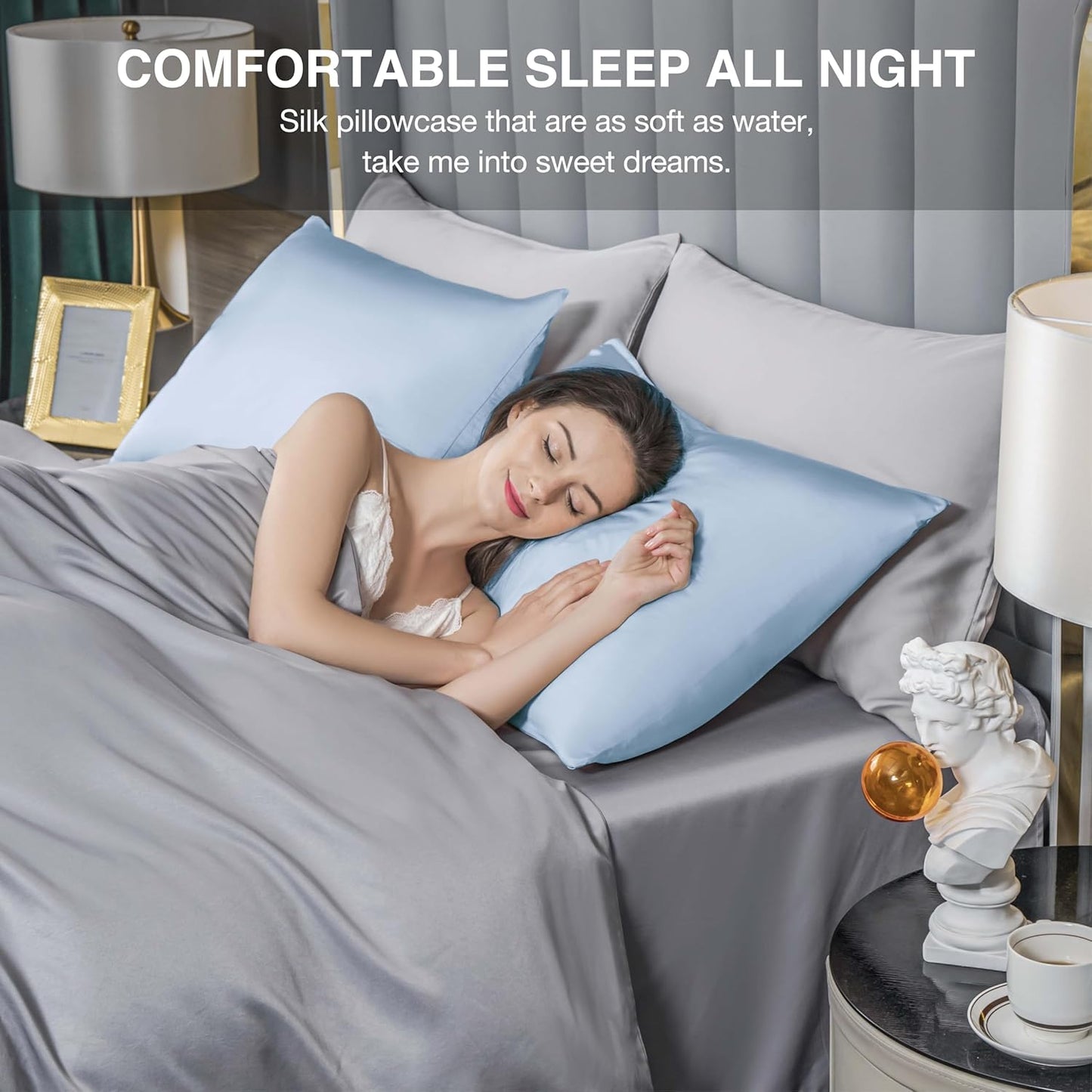 Mulberry Silk Pillowcase for Hair and Skin,Cooling Silk Pillow Case with Hidden Zipper,Allergen Proof Dual Sides Soft Breathable Smooth Silk Pillow Cover for Women (Light Blue,Queen)