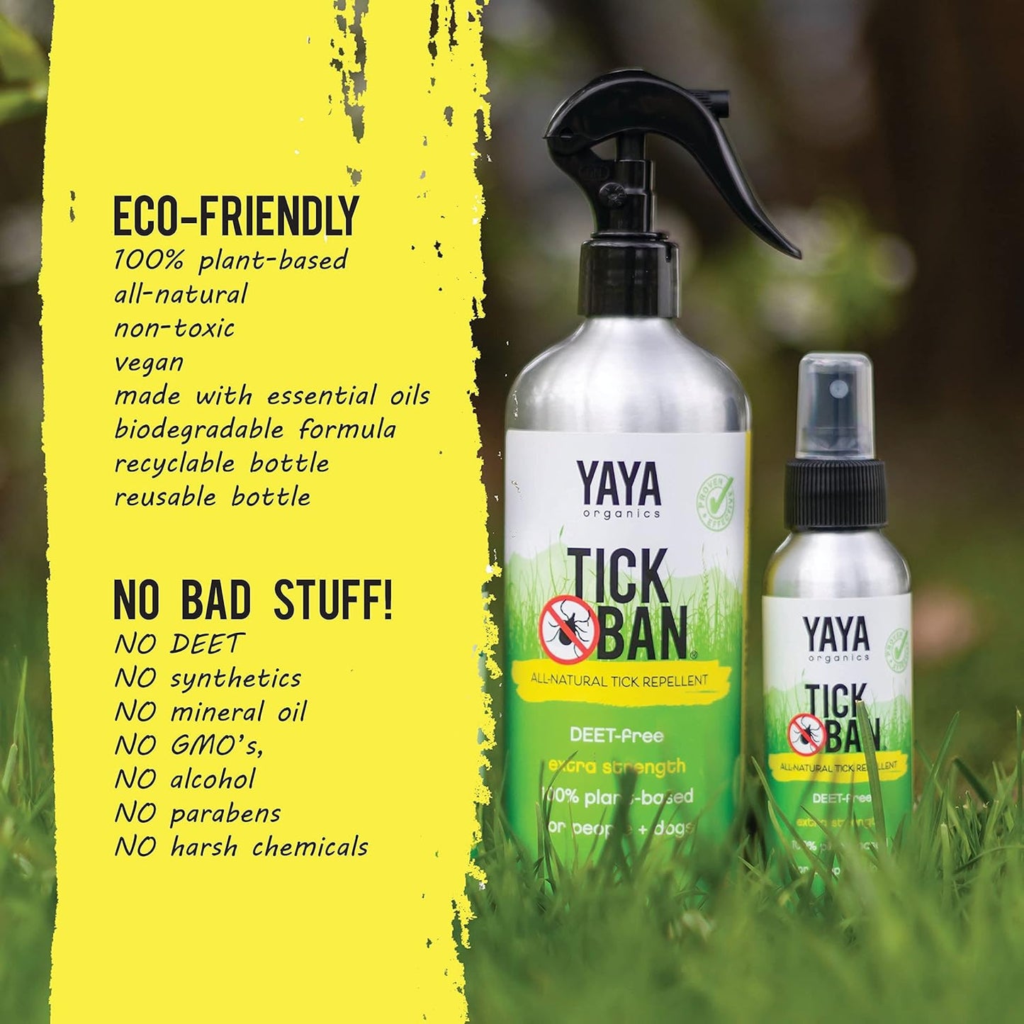 YAYA ORGANICS Tick Ban | Extra Strength Tick Repellent Made with Essential Oils and All Natural, DEET Free Ingredients | Proven Effective, Safe for Adults, Kids and Dogs | Mixed Pack (4oz/16oz)