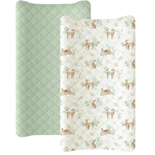 Konssy Waterproof Muslin Changing Pad Cover 2 Pack, Quilted Cotton Fitted Diaper Changing Table Cover, Soft Changing Pad Sheets for Girls Boys (Woodland, Sage)