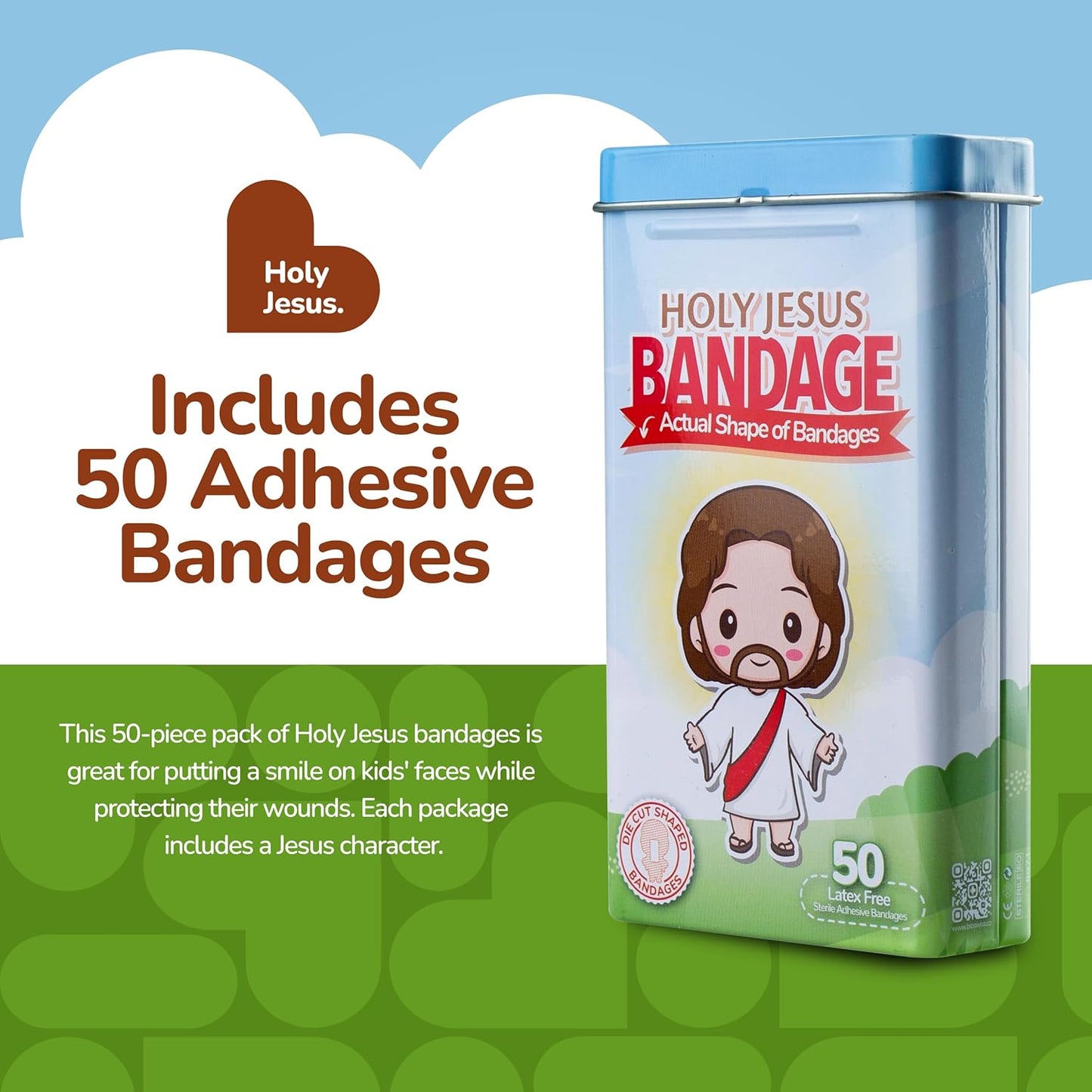 BioSwiss Bandages, Holy Jesus Shaped Self Adhesive Bandage, Latex Free Sterile Wound Care, Fun First Aid Kit Supplies for Kids and Adults, 50 Count