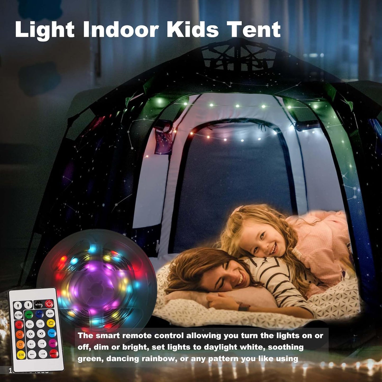 Portable Hexagon Kids Play Tent with LED Strip Lights Indoor Children Play House Easy Set-up Space Dream Tent for Night.4-5 Person Large Tents & Birthday Gifts