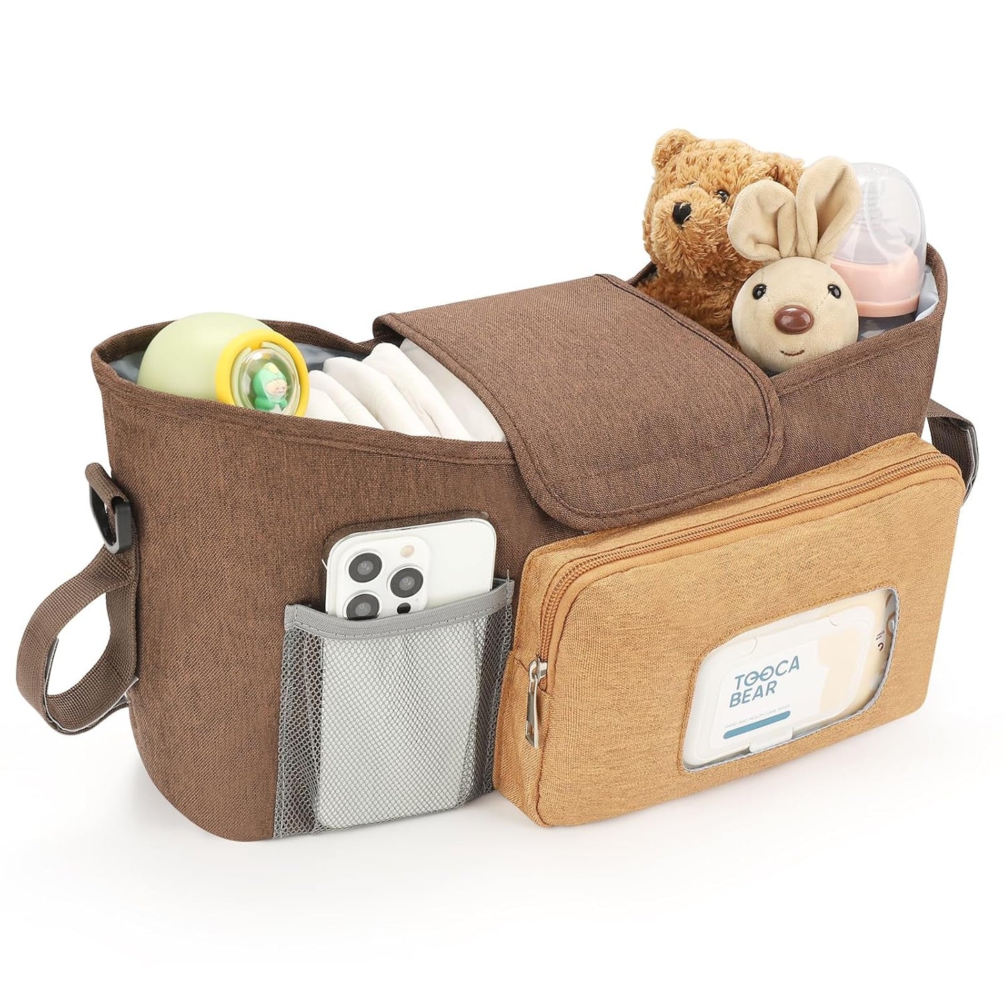 Accmor Universal Stroller Organizer with Insulated Cup Holder, Stroller Caddy Bag Accessories, Stroller Cup Holder Organizer for Uppababy Baby Jogger Britax Stroller, Brown