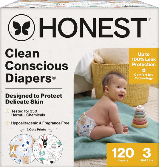 The Honest Company Clean Conscious Diapers for Delicate Skin | Up to 100% Leakproof | Hypoallergenic, Fragrance Free | Gender Neutral | Super Club Box, Size 3 (16-28 lbs), 120 Count (Prints May Vary)