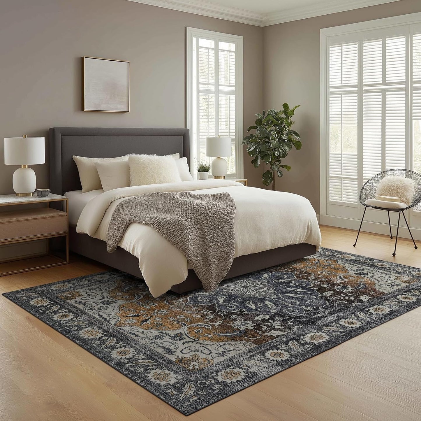 Washable 6x9 Area Rug for Living Room, Carpet for Bedroom Dining Room, Non Slip&Non-Shedding Resistant Low Pile Vintage Print Rug for Home Office (Tan/Gray)