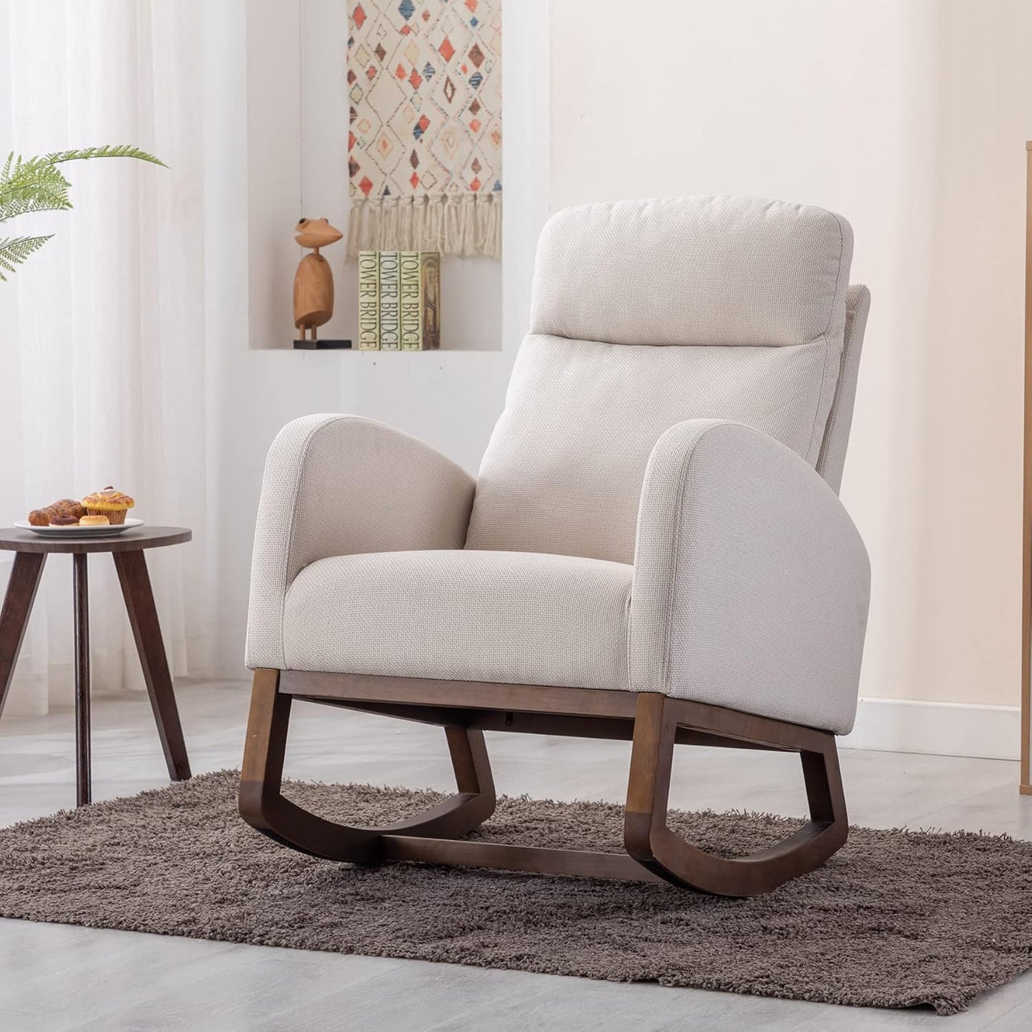 Dolonm Nursery Rocking Chair for Living Room, Upholstered Mid-Century Modern Nursery Rocking Armchair Tall Back Accent Glider Rocker, Beige
