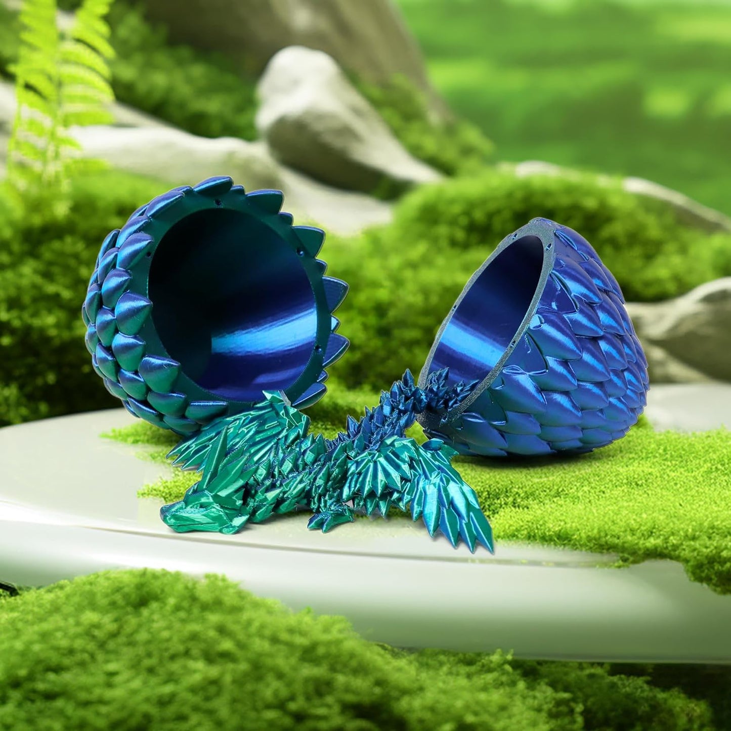 3D Printed Dragon Egg, Flying Articulated Dragon in Eggs, Flexible Joints Home Decor Executive Desk Figurine (Green Mix Blue)