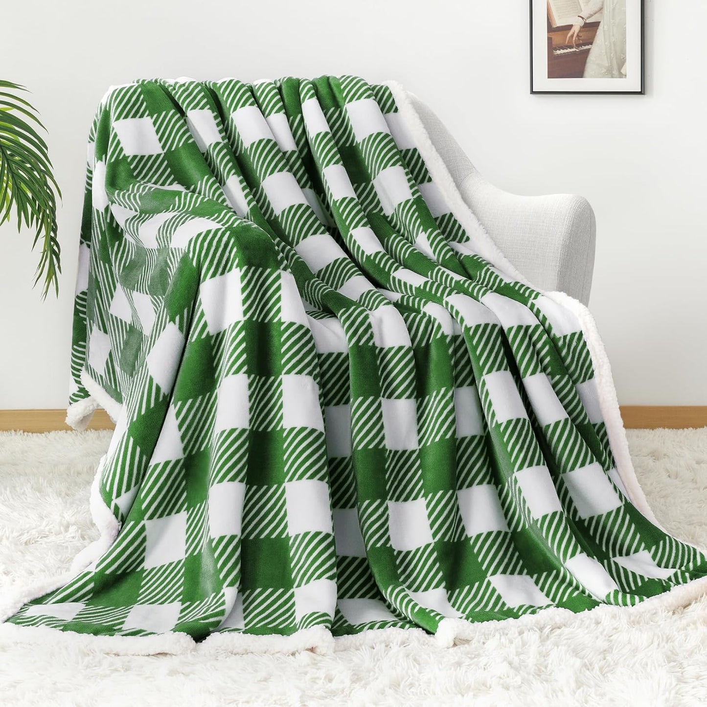 Touchat Sherpa Plaid Twin Blanket 60" X 70", Fuzzy Fluffy Soft Cozy Throw Blanket, Twin Size Plush Fleece Flannel Plush Microfiber Blanket for Couch Bed Sofa (GreenWhite)