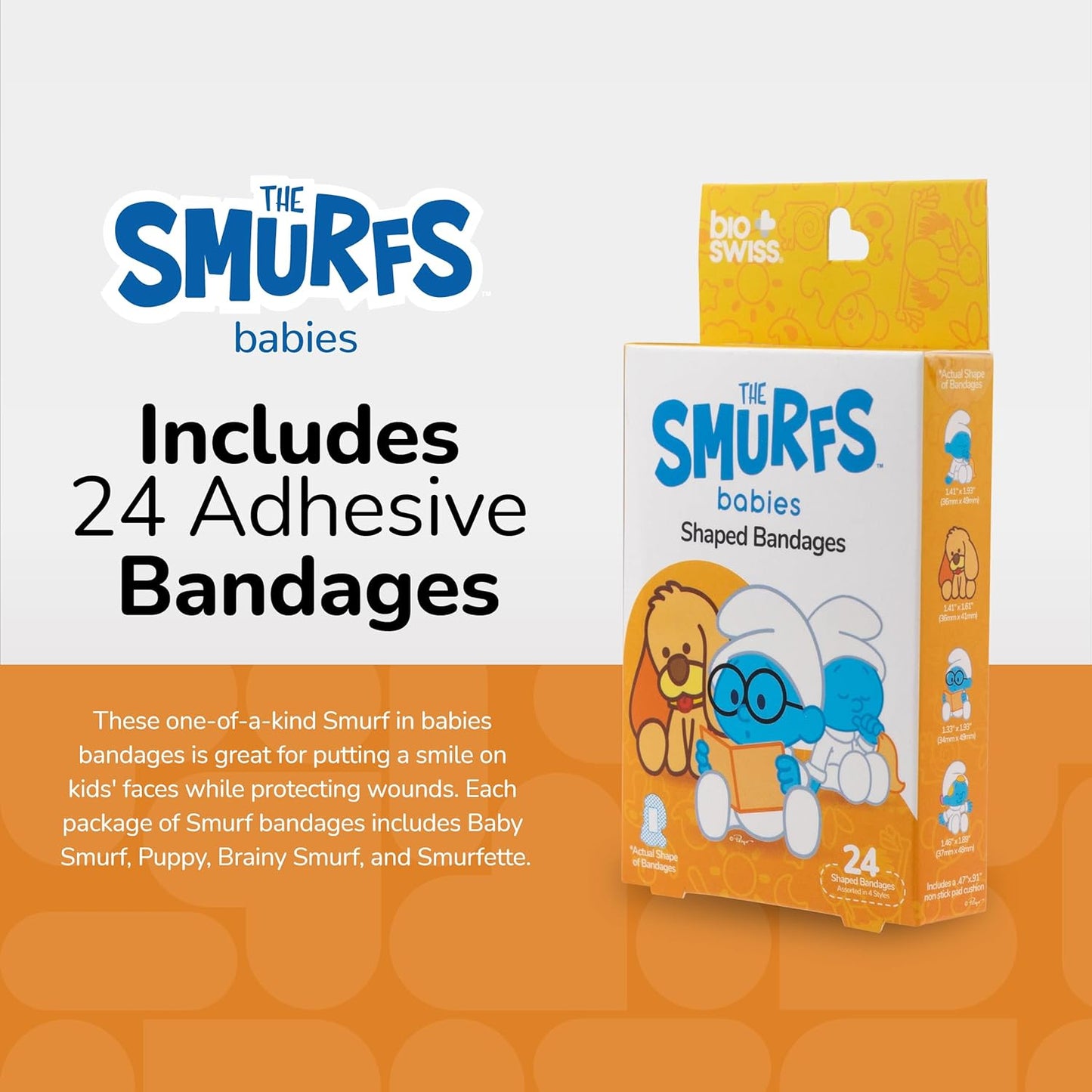 BioSwiss Bandages, The Smurfs Baby Smurf Shaped Self Adhesive Bandage, Latex Free Sterile Wound Care, Fun First Aid Kit Supplies for Kids and Adults, 24 Count Box