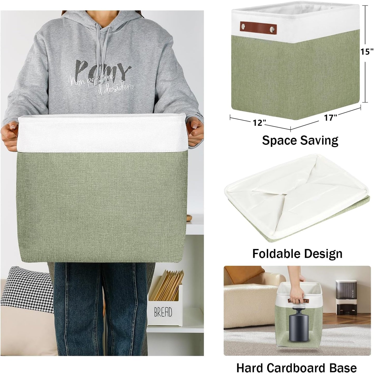 DULLEMELO Extra Large Storage Baskets, 17"x12"x15" Fabric Storage Bins for Organizing Shelves Nursery Toys Books, Collapsible Storage Baskets Rectangular Canvas Bins with Handles, White&Green, 2-Pack