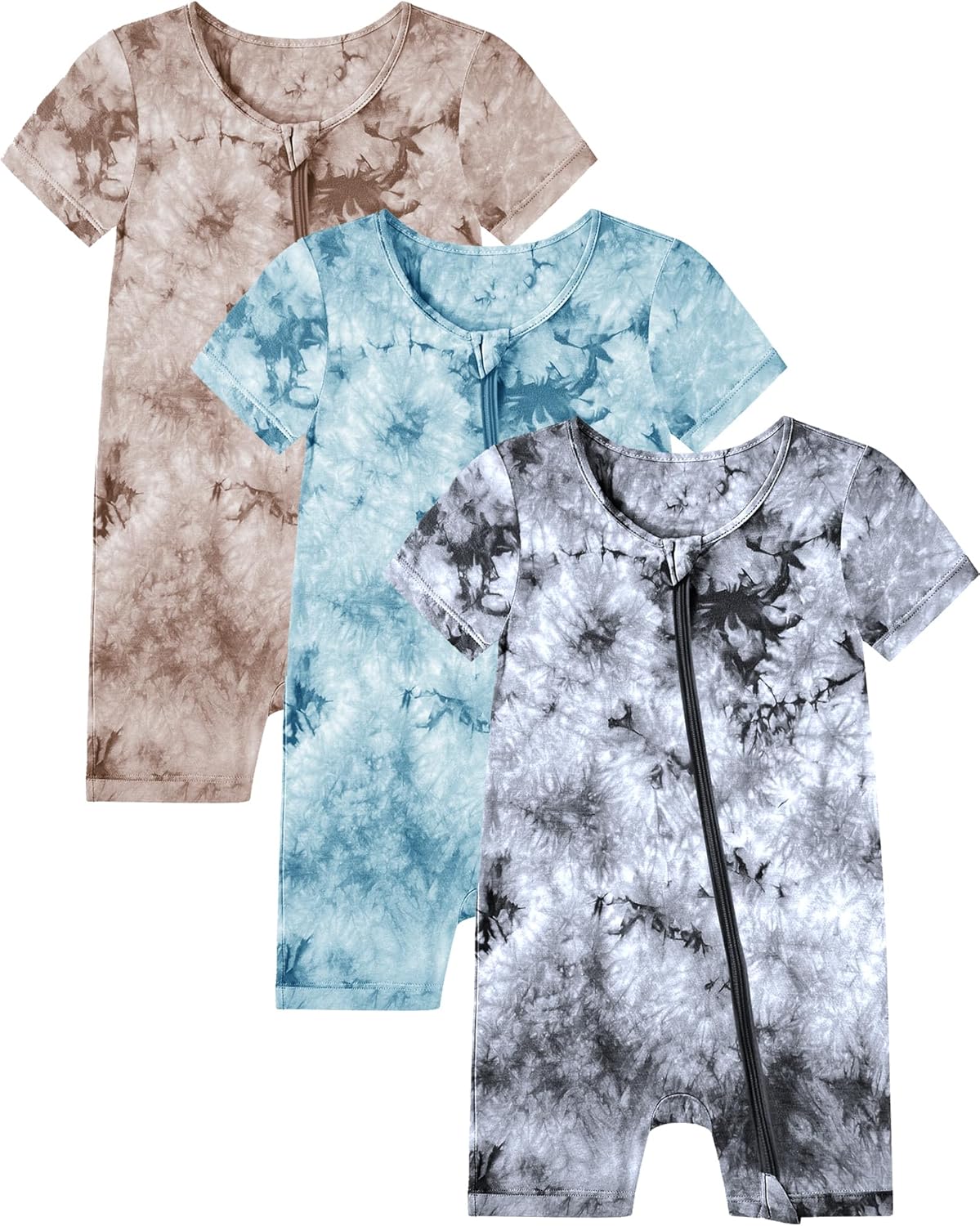 Jimonda Baby Girl Boys Rayon From Bamboo Pajamas 3 Pack Short Sleeve Footless Romper 2 Way Zipper Tie Dye Pjs Sleeper 0-24M