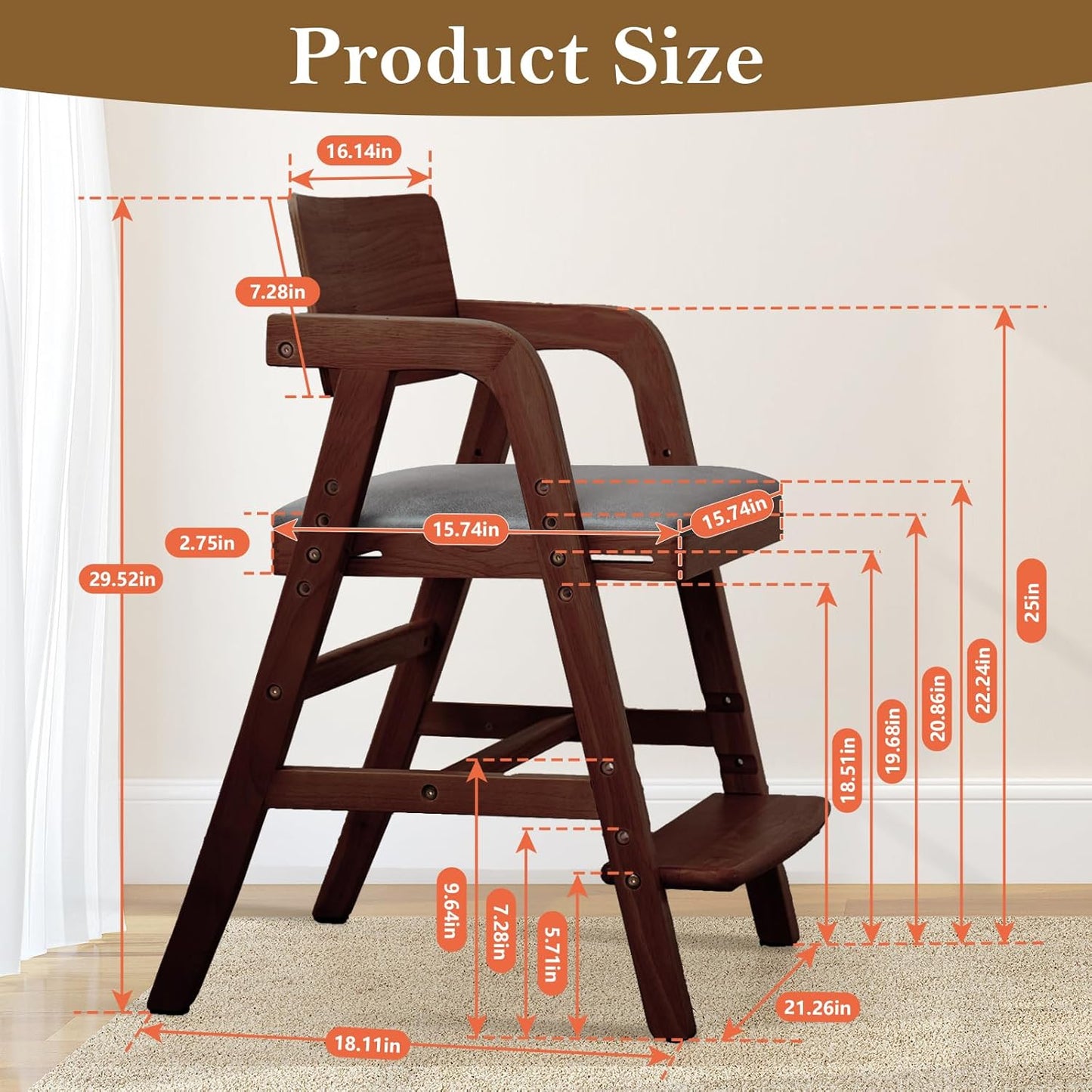 Solid Wood High Chair for Toddlers to Teens, Adjustable Height Toddler Dining Chair, Easy to Clean Toddler Highchair with Removable PU Cushion for Dining, Studying, Step Tool, Walnut