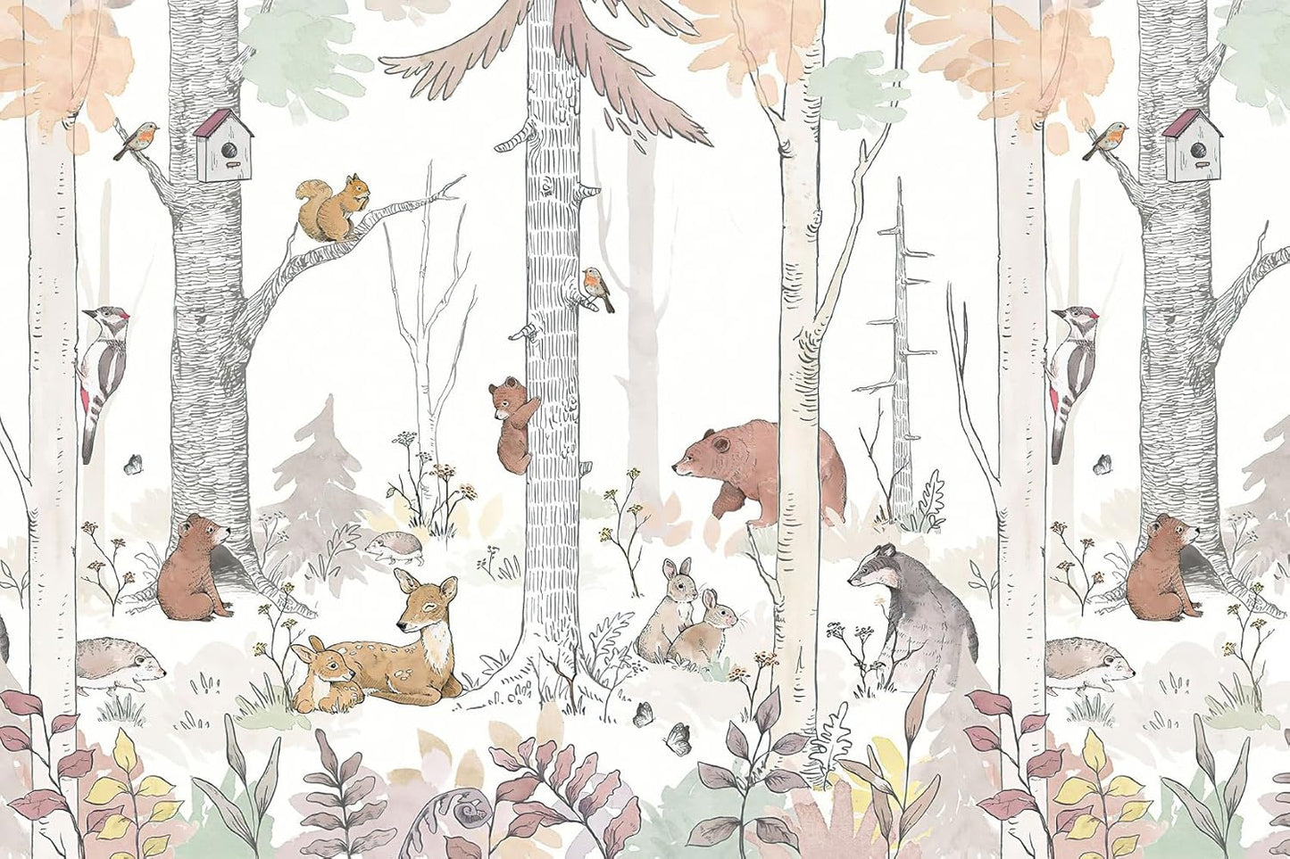 Watercolor Birch Tree Forest Wallpaper Woodland Animal Wall Mural for Kids Bedroom Nursery Room Living Room(Not Self-Adhesive)