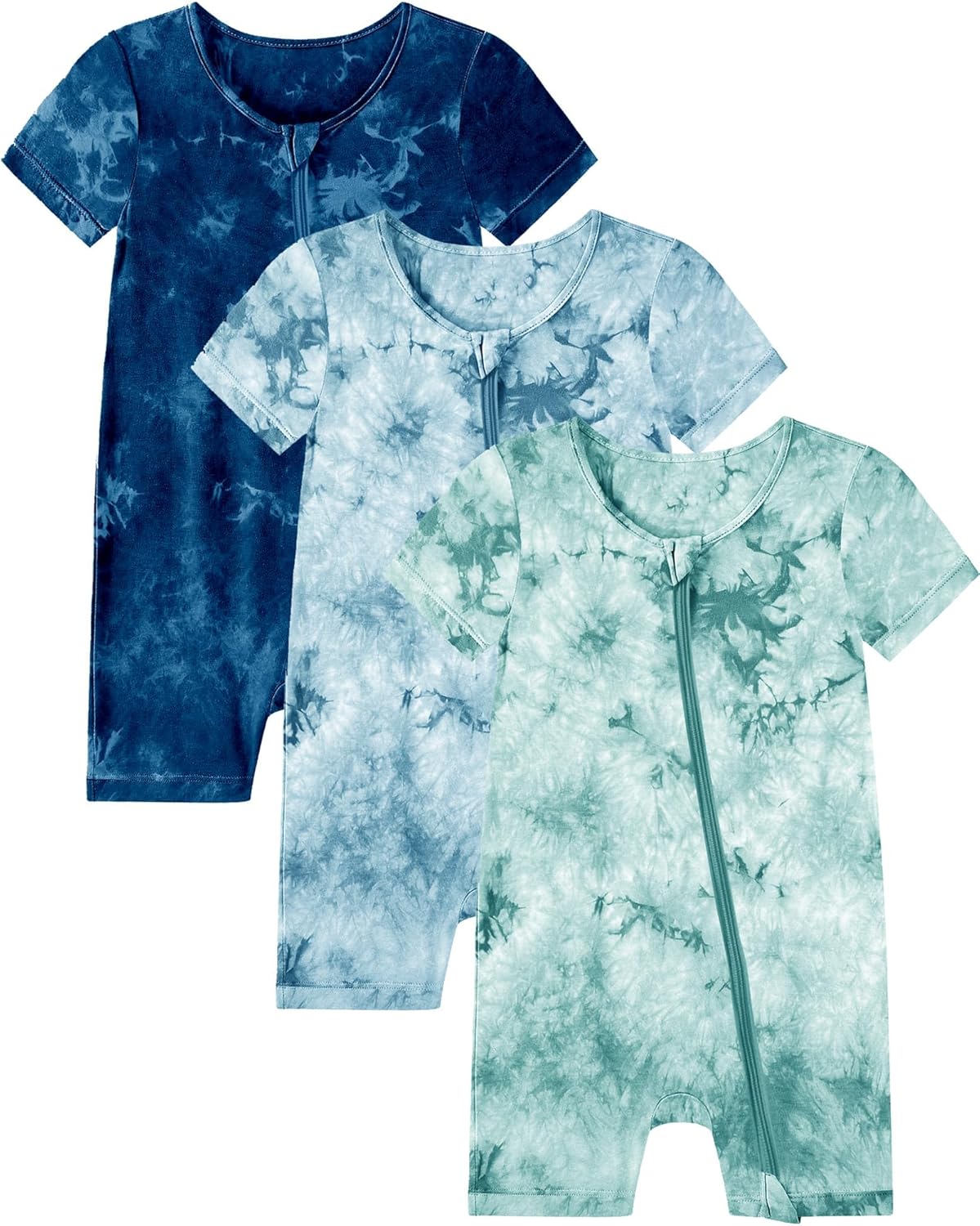 Jimonda Baby Girl Boys Rayon From Bamboo Pajamas 3 Pack Short Sleeve Footless Romper 2 Way Zipper Tie Dye Pjs Sleeper 0-24M