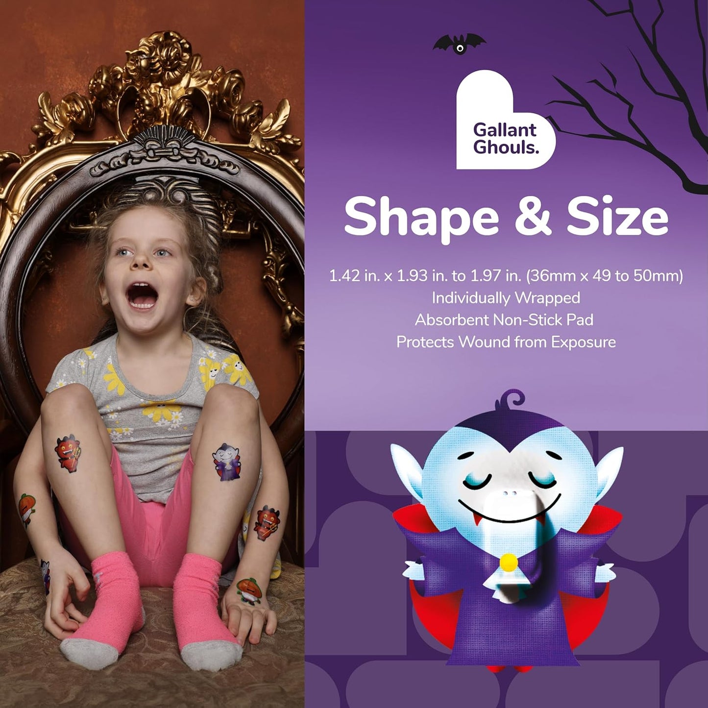 BioSwiss Bandages, Halloween Ghouls Shaped Self Adhesive Bandage, Latex Free Sterile Wound Care, Fun First Aid Kit Supplies for Kids and Adults, 50 Count