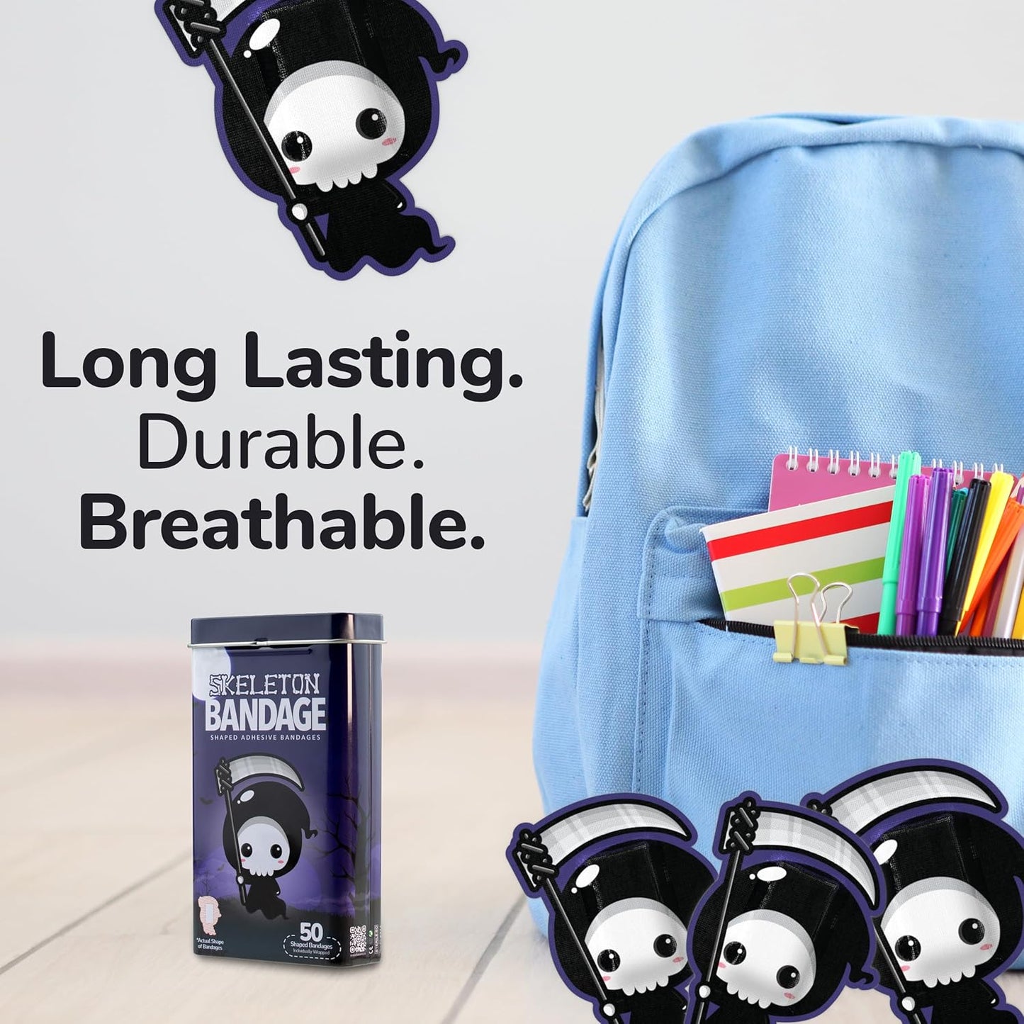 BioSwiss Bandages, Halloween Skeleton Shaped Self Adhesive Bandage, Latex Free Sterile Wound Care, Fun First Aid Kit Supplies for Kids, 50 Count